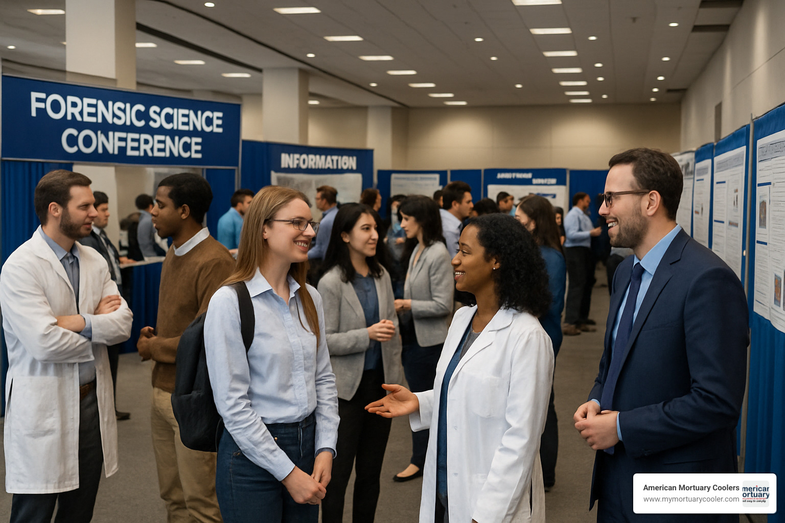 students and professionals networking at forensic science conference - people who work in the morgue
