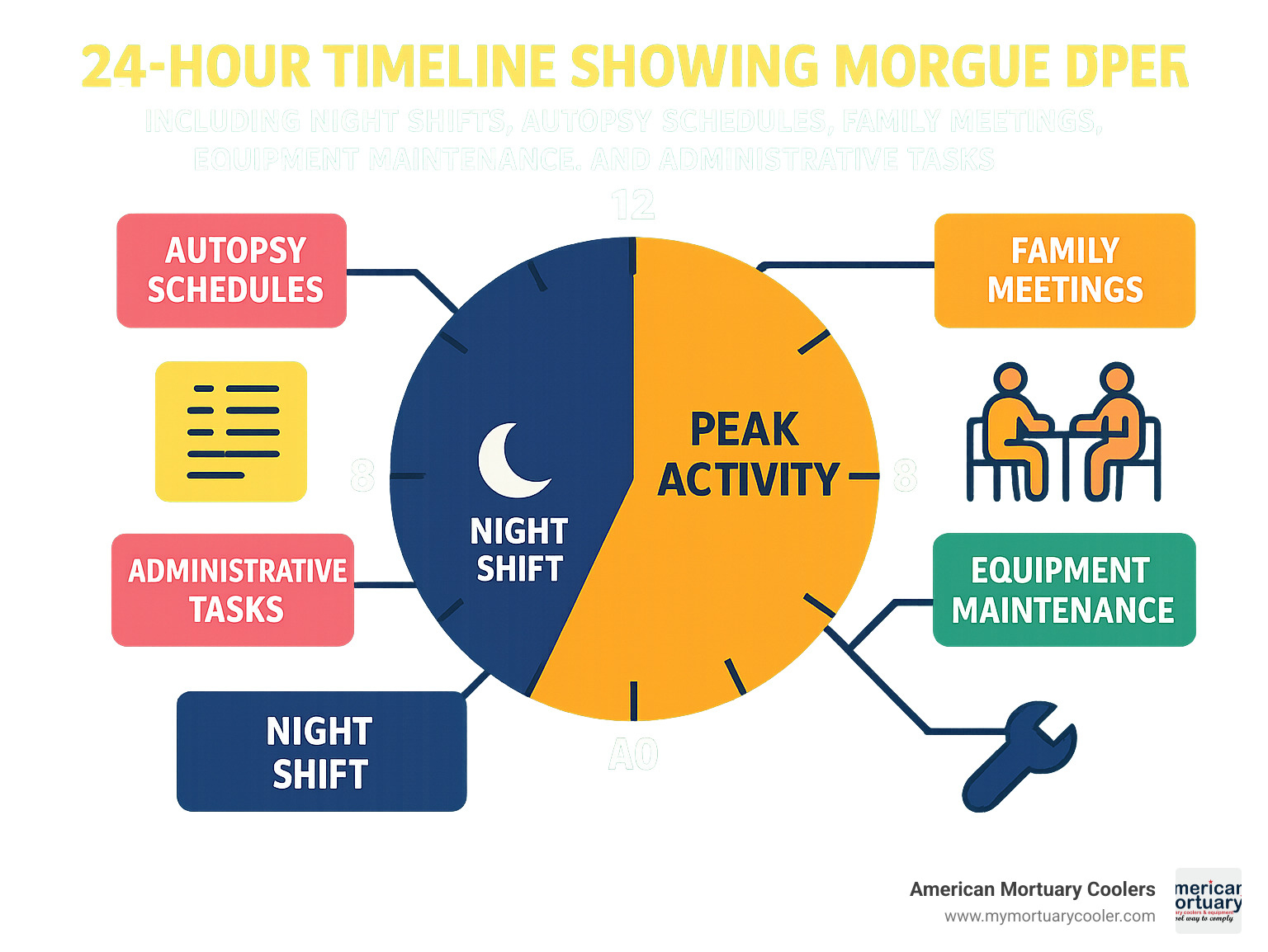 24-hour timeline showing morgue operations including night shifts, autopsy schedules, family meetings, equipment maintenance, and administrative tasks with peak activity periods highlighted - people who work in the morgue infographic 