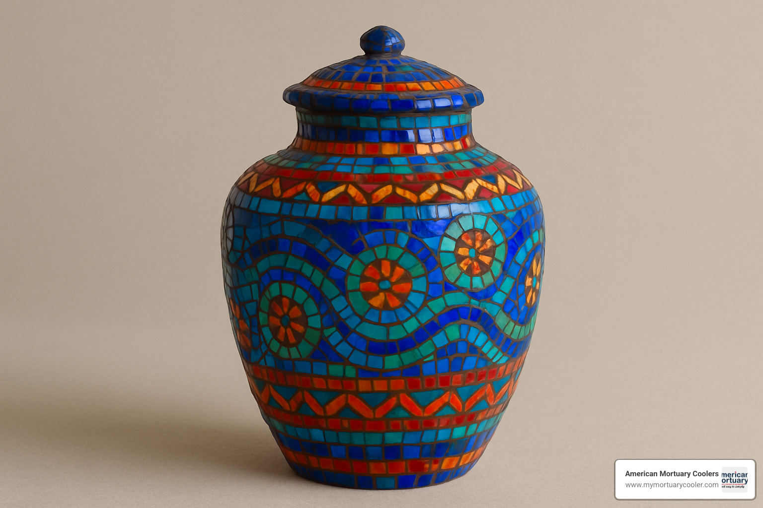 Hand-crafted mosaic cremation urn showing intricate glass tile work - large cremation urns