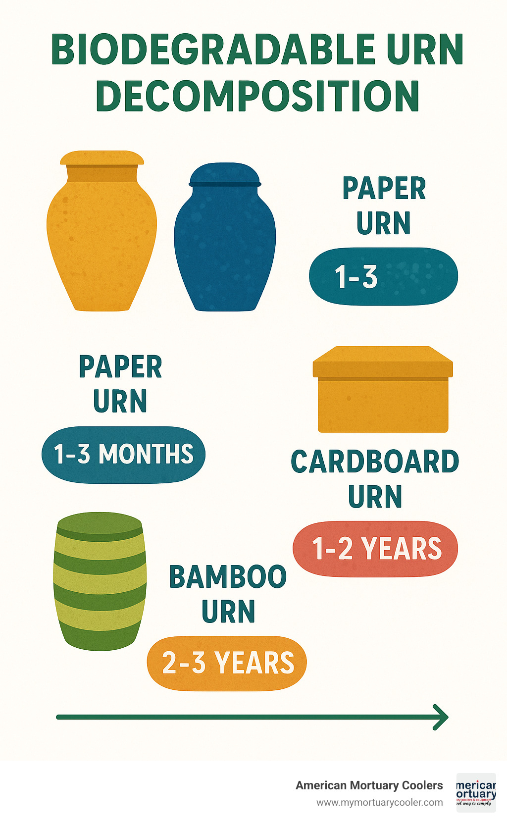 Infographic showing decomposition timelines for different biodegradable urn materials, from salt urns dissolving in hours to bamboo urns breaking down over 2-3 years - large cremation urns infographic 