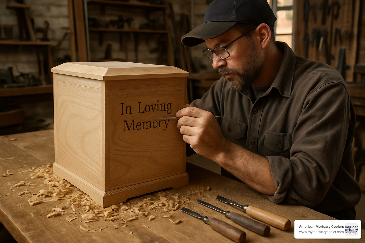 Craftsperson engraving a large wooden companion urn - large cremation urns