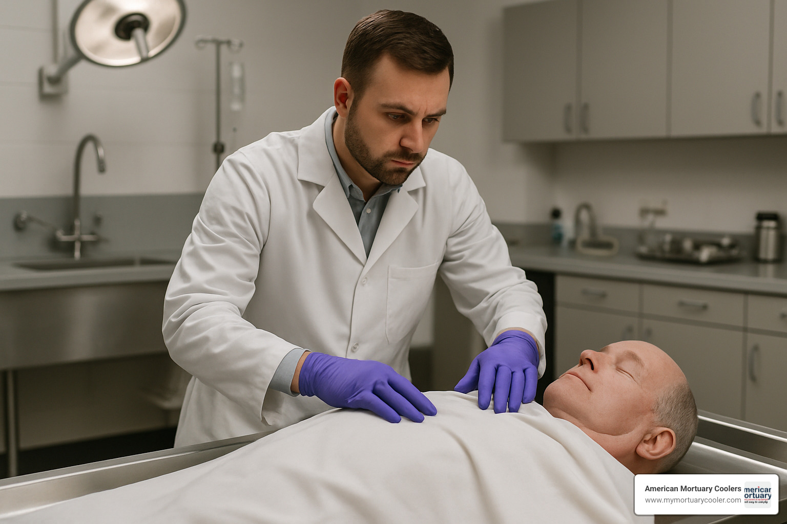 mortuary technician wearing purple nitrile gloves during preparation procedures - gloves nitrile exam