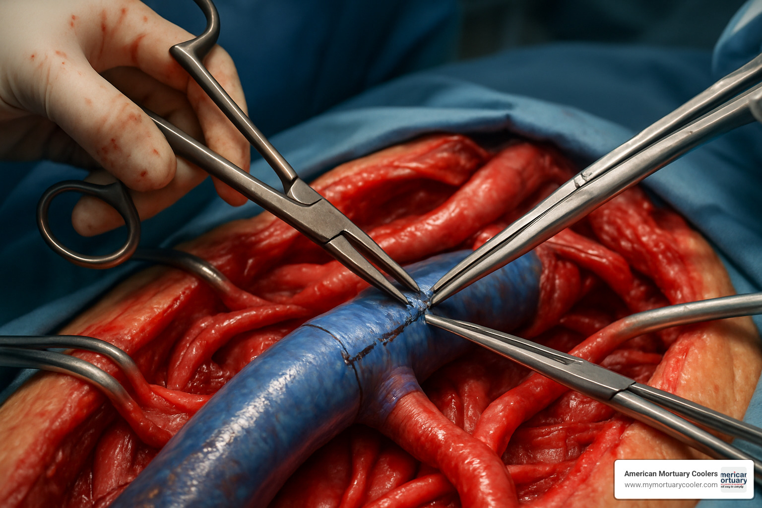 Detailed surgical view showing IVC anastomosis procedure with venas scissoe positioning and technique - venas scissoe