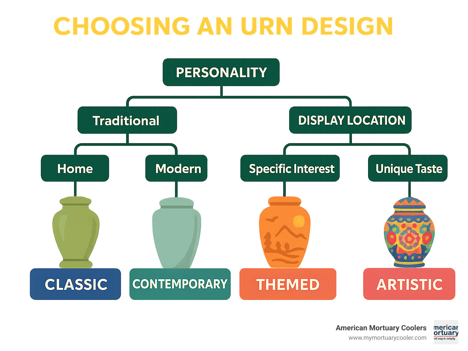 Style decision tree showing how to choose between classic, contemporary, themed, or artistic urn designs based on personality, display location, and family preferences - cremation urns for sale infographic 