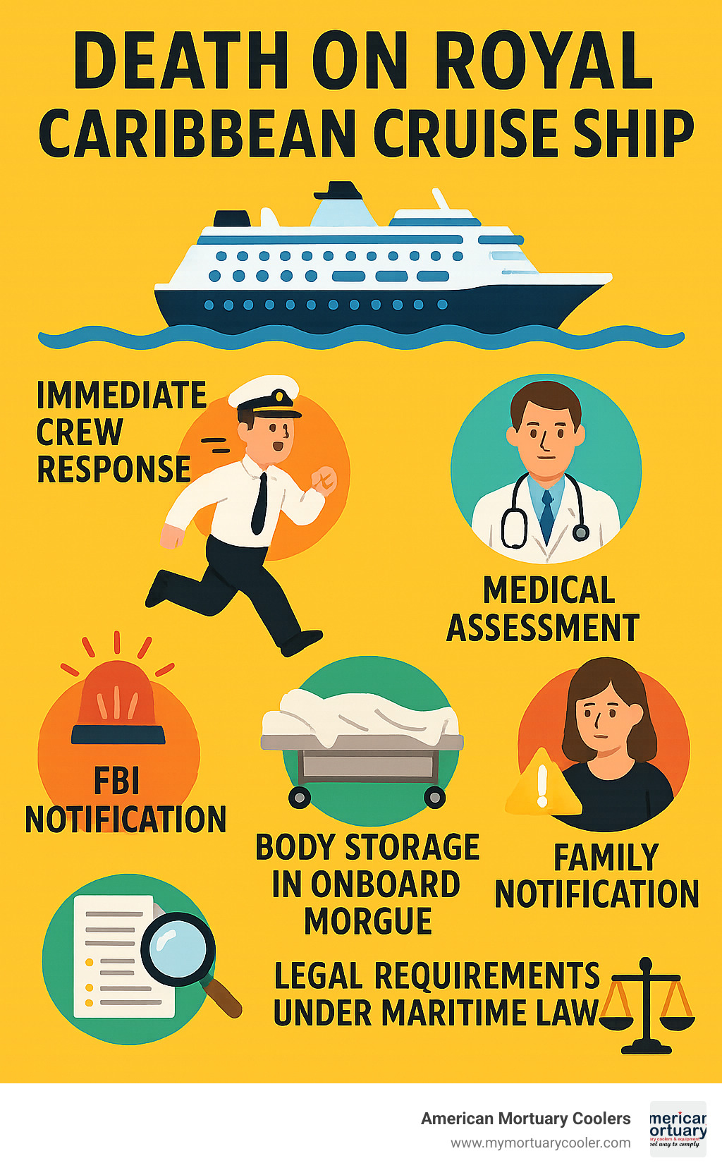 Infographic showing the process when a death occurs on a Royal Caribbean cruise ship, including immediate crew response, medical assessment, FBI notification, body storage in onboard morgue, family notification, investigation procedures, and legal requirements under maritime law - death on royal caribbean cruise ship infographic 