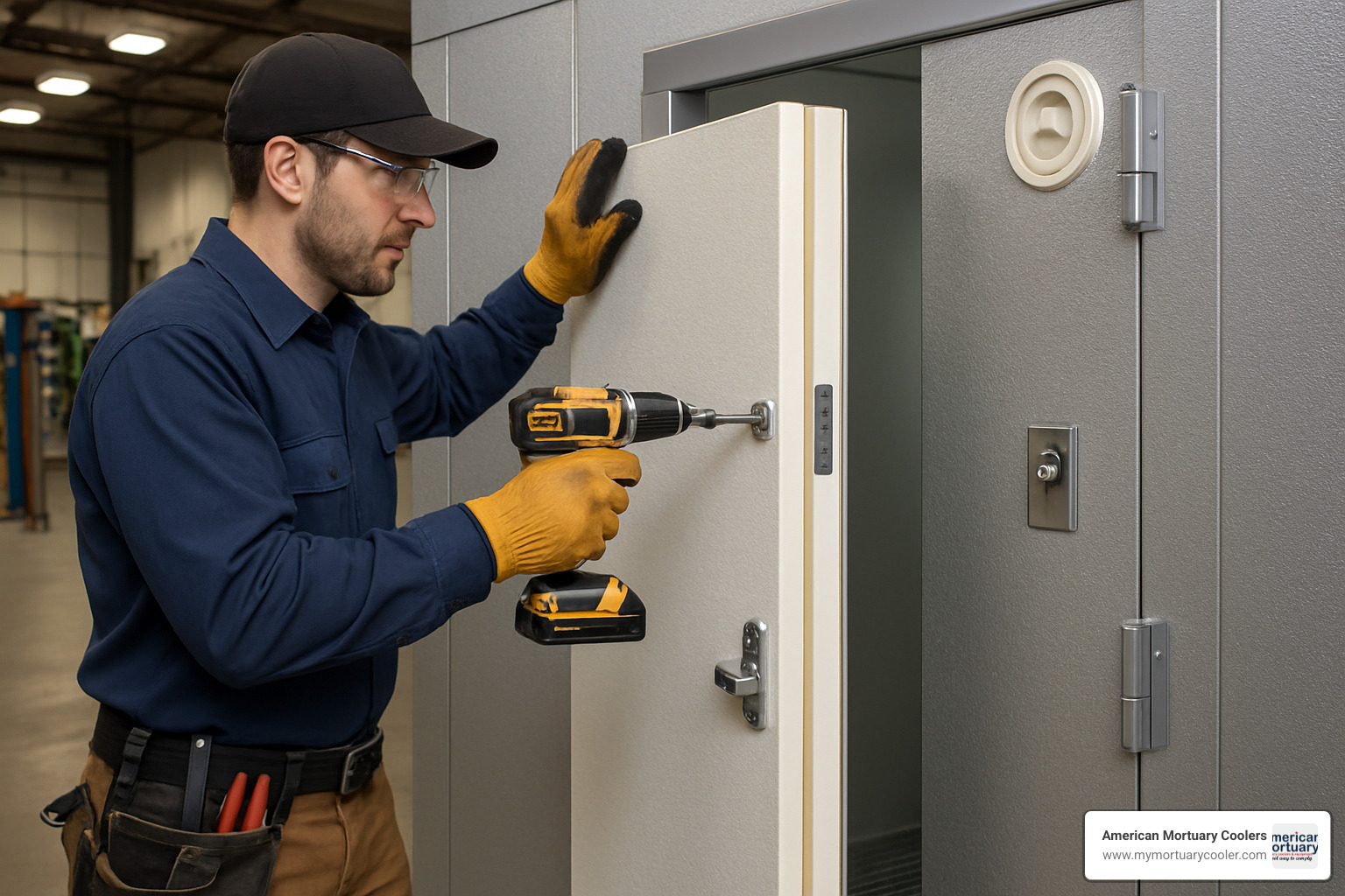 Technician installing cam-lock panels on a walk-in cooler - walk in cooler 6x8
