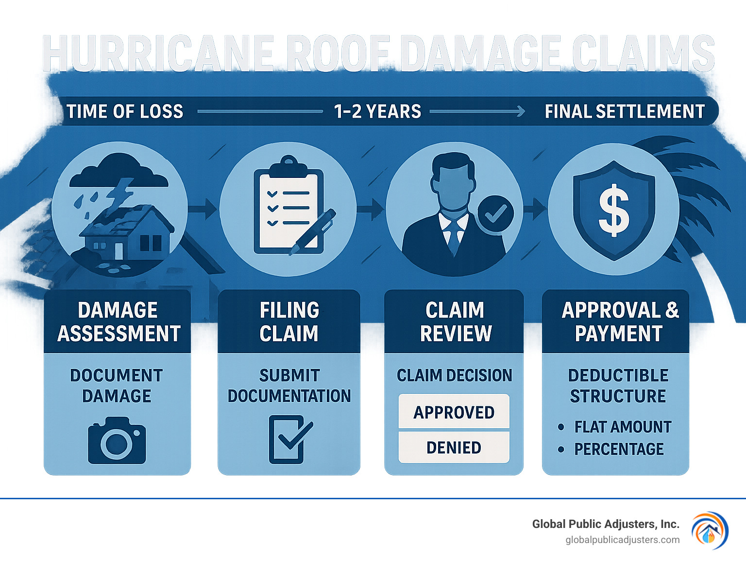 Detailed infographic showing the hurricane roof damage claims process from initial damage assessment through final settlement, including timeline, required documentation, common deductible structures, and key decision points where claims can be approved or denied - hurricane roof damage claims infographic 