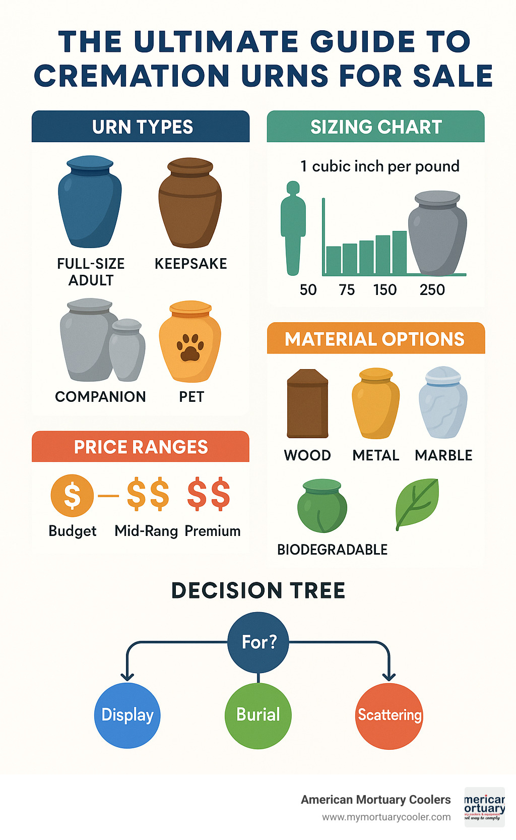 Comprehensive guide showing cremation urn types, sizing chart with body weight to cubic inch conversion, material options from wood to biodegradable, price ranges from budget to premium, and decision tree for choosing between display, burial, or scattering options - cremation urns for sale infographic 