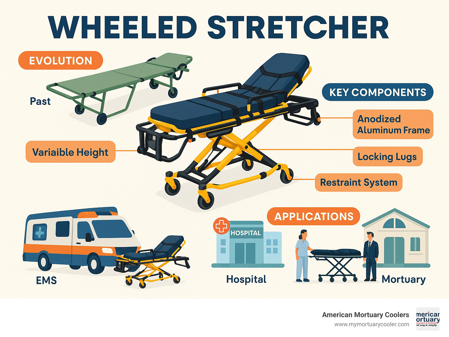 Comprehensive infographic showing the evolution of wheeled stretchers from basic canvas designs to modern hydraulic gurneys, highlighting key components like anodized aluminum frames, variable height mechanisms, locking lugs, restraint systems, and specialized features for different applications including EMS, hospital, and mortuary use - wheeled stretcher infographic 