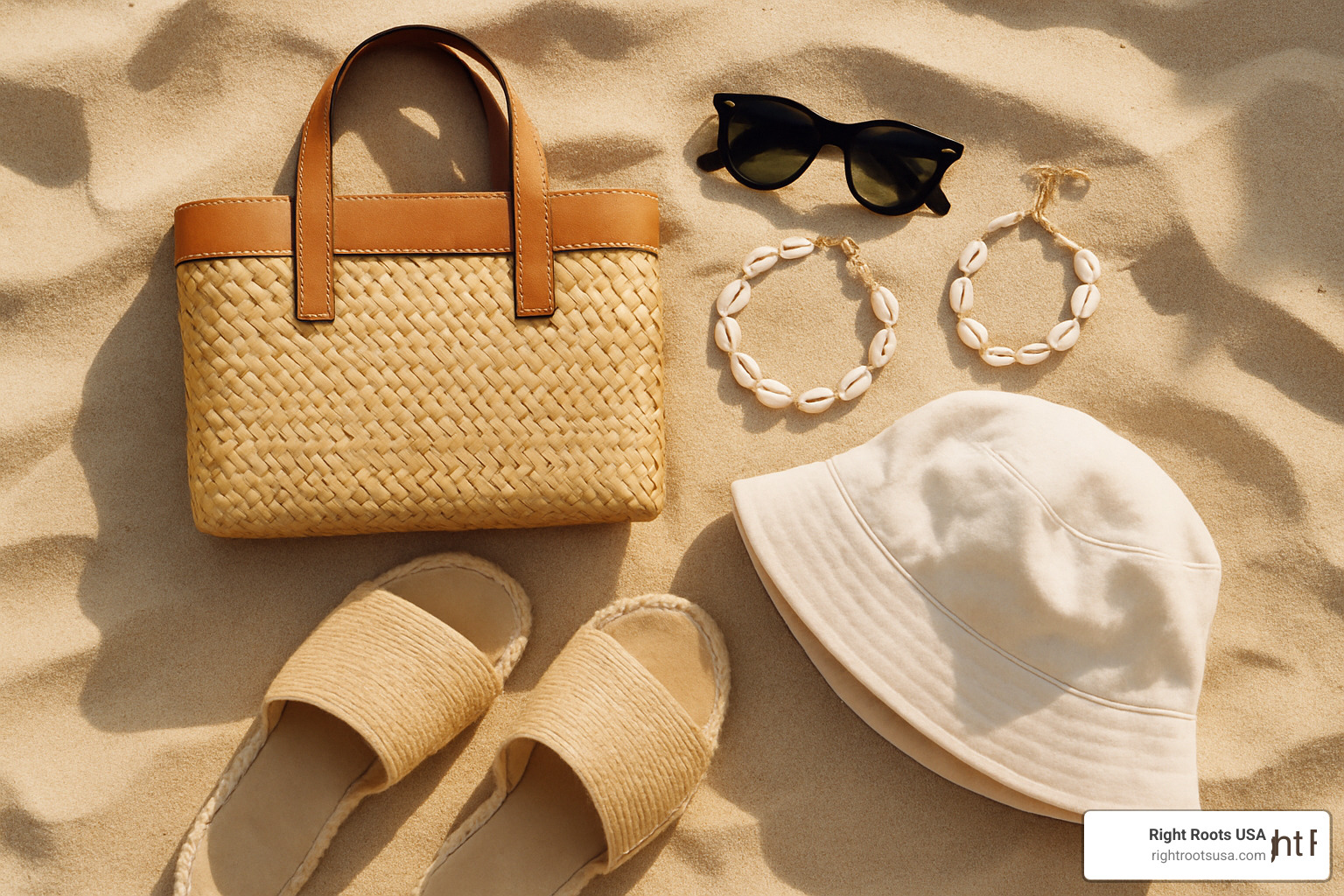 coastal resort wear accessories laid out on sand - coastal resort wear