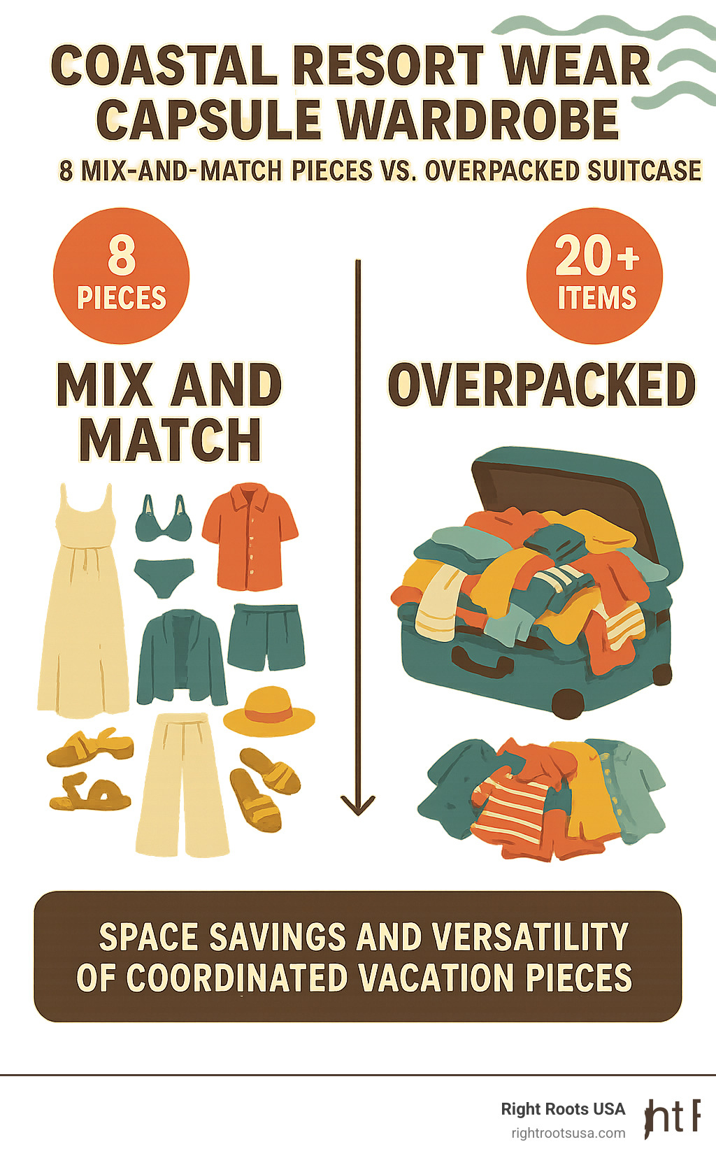 Infographic showing coastal resort wear capsule wardrobe with 8 mix-and-match pieces versus overpacked suitcase with 20+ items, highlighting space savings and versatility of coordinated vacation pieces - coastal resort wear infographic 