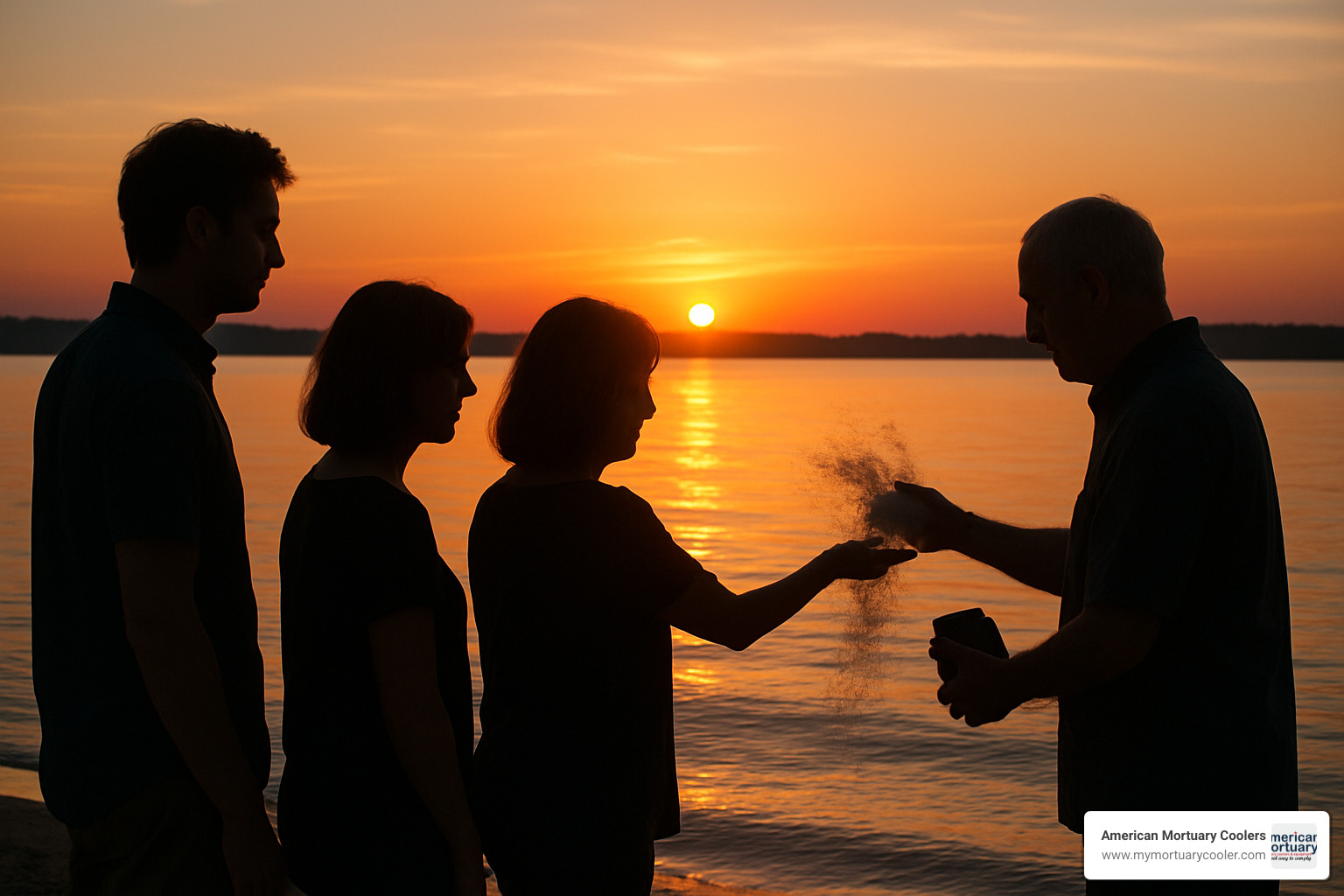 peaceful ash scattering ceremony at sunset over water with family members participating - human ashes