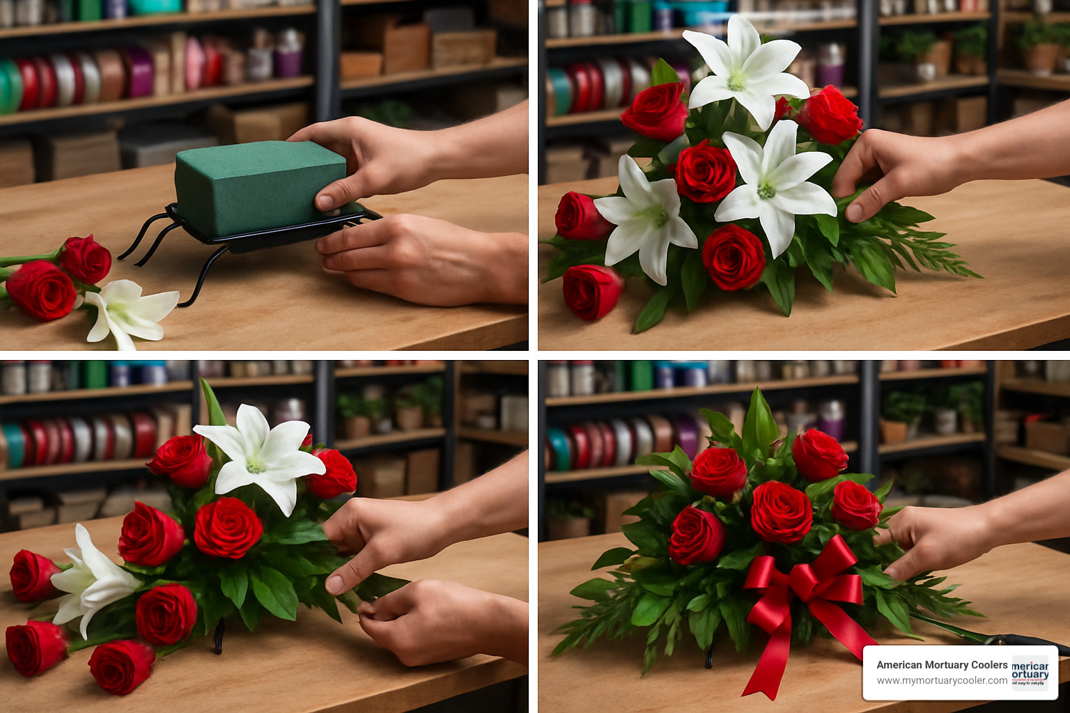 step-by-step funeral spray assembly process - funeral flower supplies