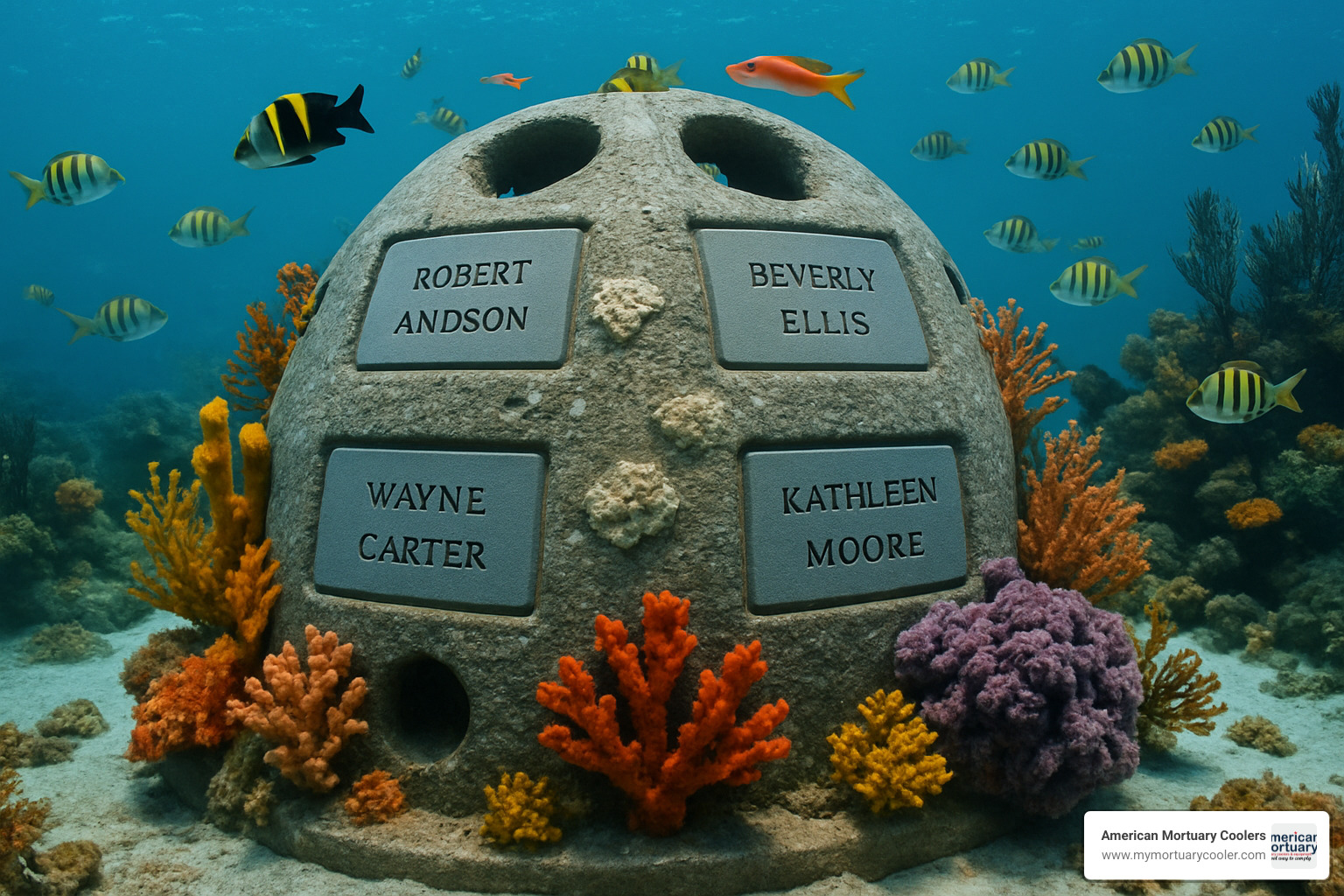 underwater memorial reef with cremated remains incorporated into the structure, supporting marine life - human ashes