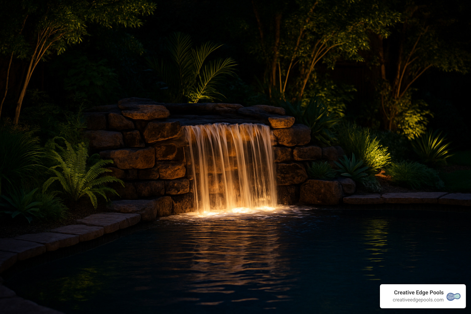 LED-lit waterfall at night with dramatic uplighting and integrated landscape plants - natural looking pool waterfalls