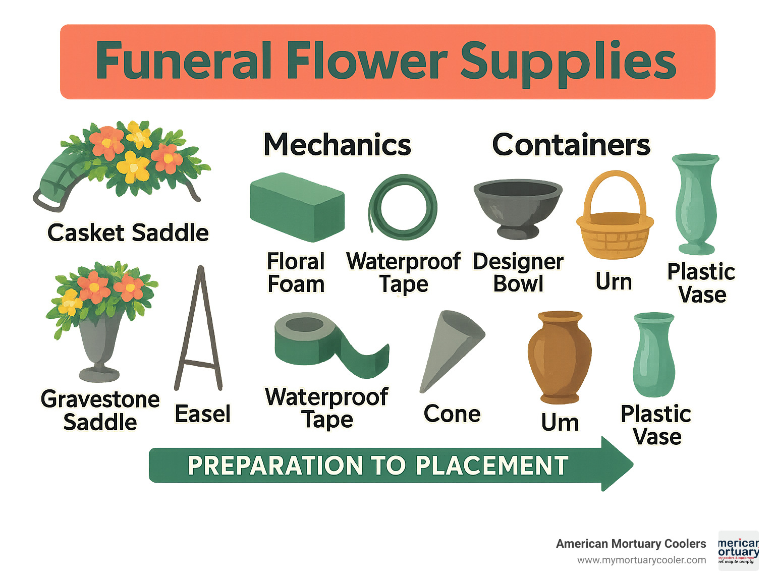 Comprehensive breakdown of funeral flower supply categories, from basic mechanics like foam and wire to specialized containers like mausoleum vases and casket saddles, showing the complete workflow from preparation to final placement - funeral flower supplies infographic 