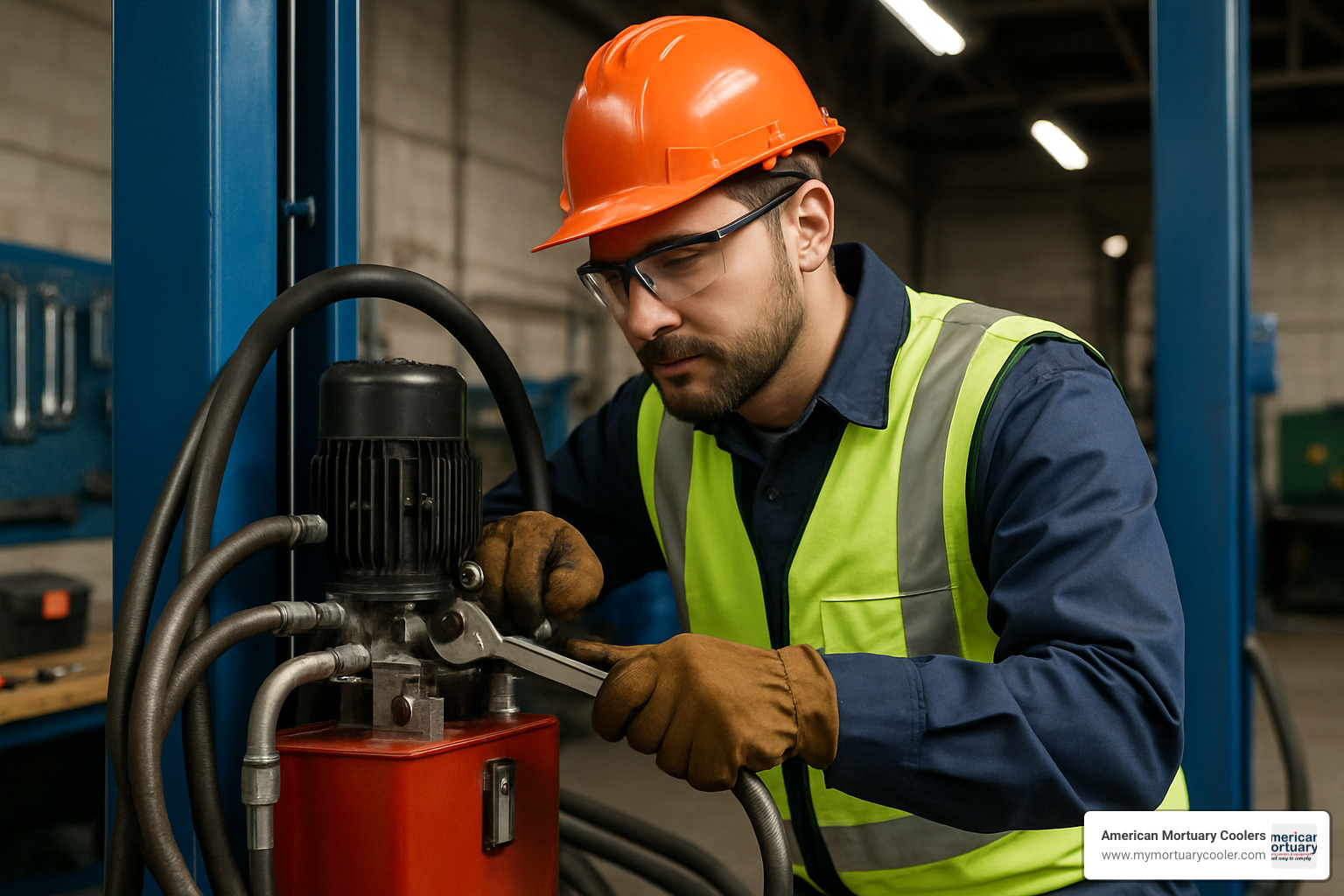 Technician performing hydraulic system maintenance - hydraulic pump for lift