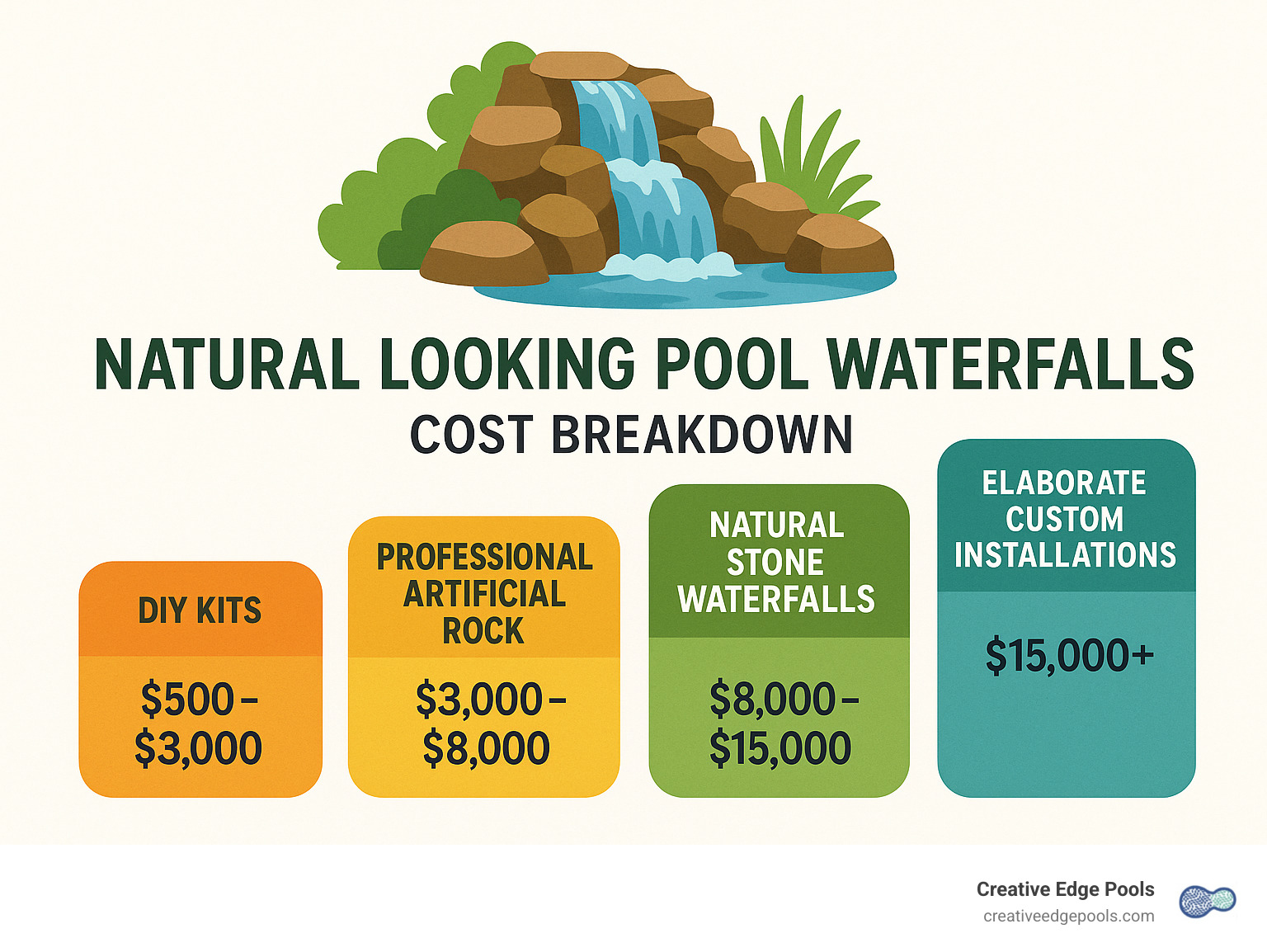 Infographic showing cost breakdown from basic DIY kits at $500 to elaborate custom installations at $30,000+, including material costs, labor, and ongoing maintenance expenses - natural looking pool waterfalls infographic 