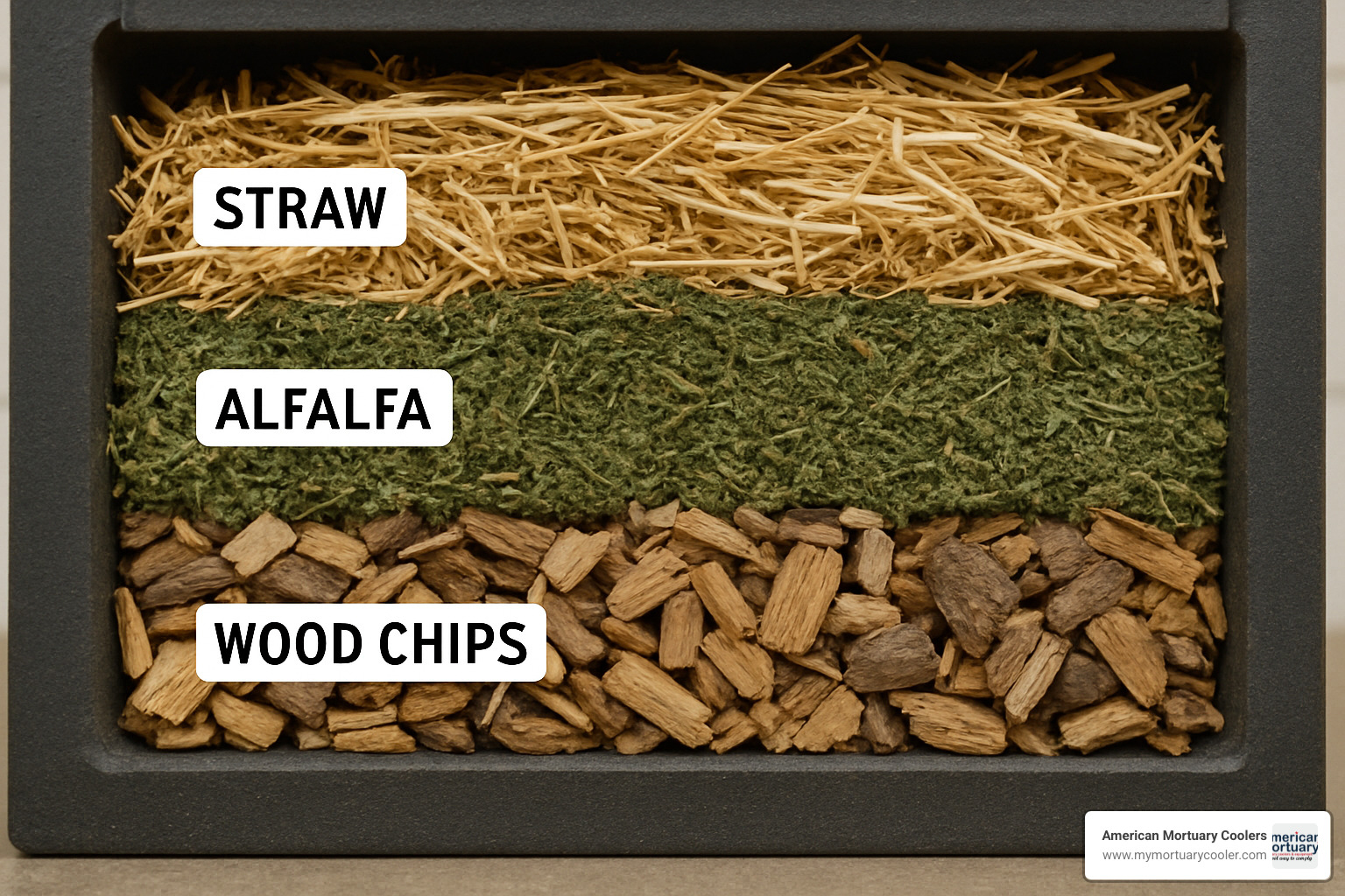 Layered bedding materials including wood chips, alfalfa, and straw used in human composting - can human bodies be composted