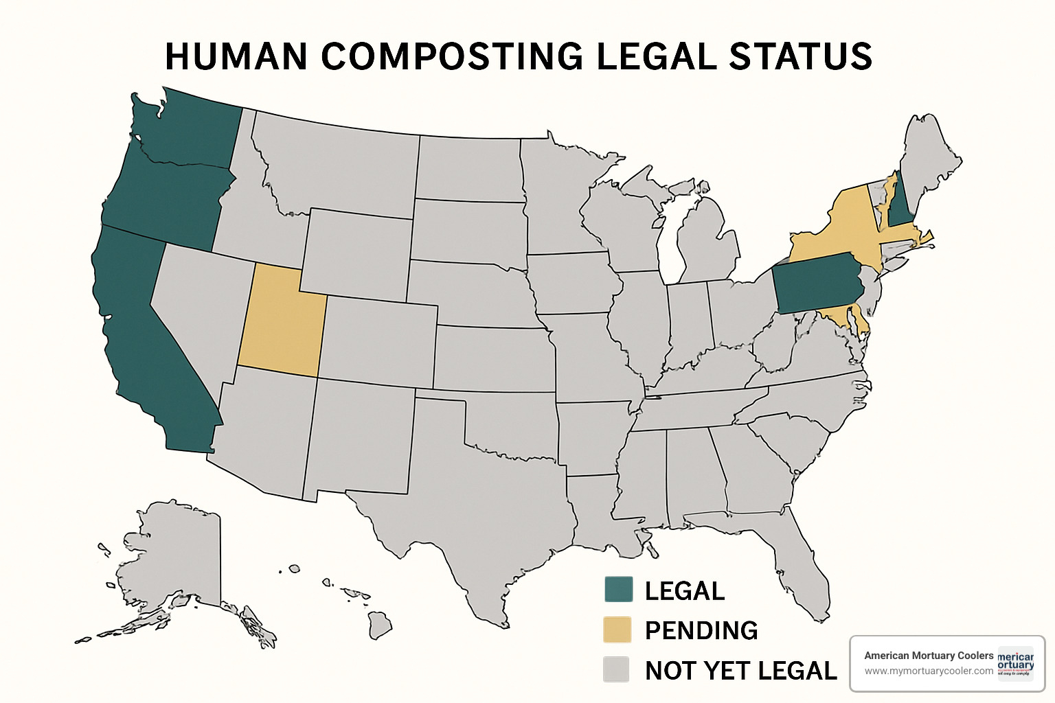 Map of the United States showing states where human composting is legal, pending, or not yet legal - can human bodies be composted