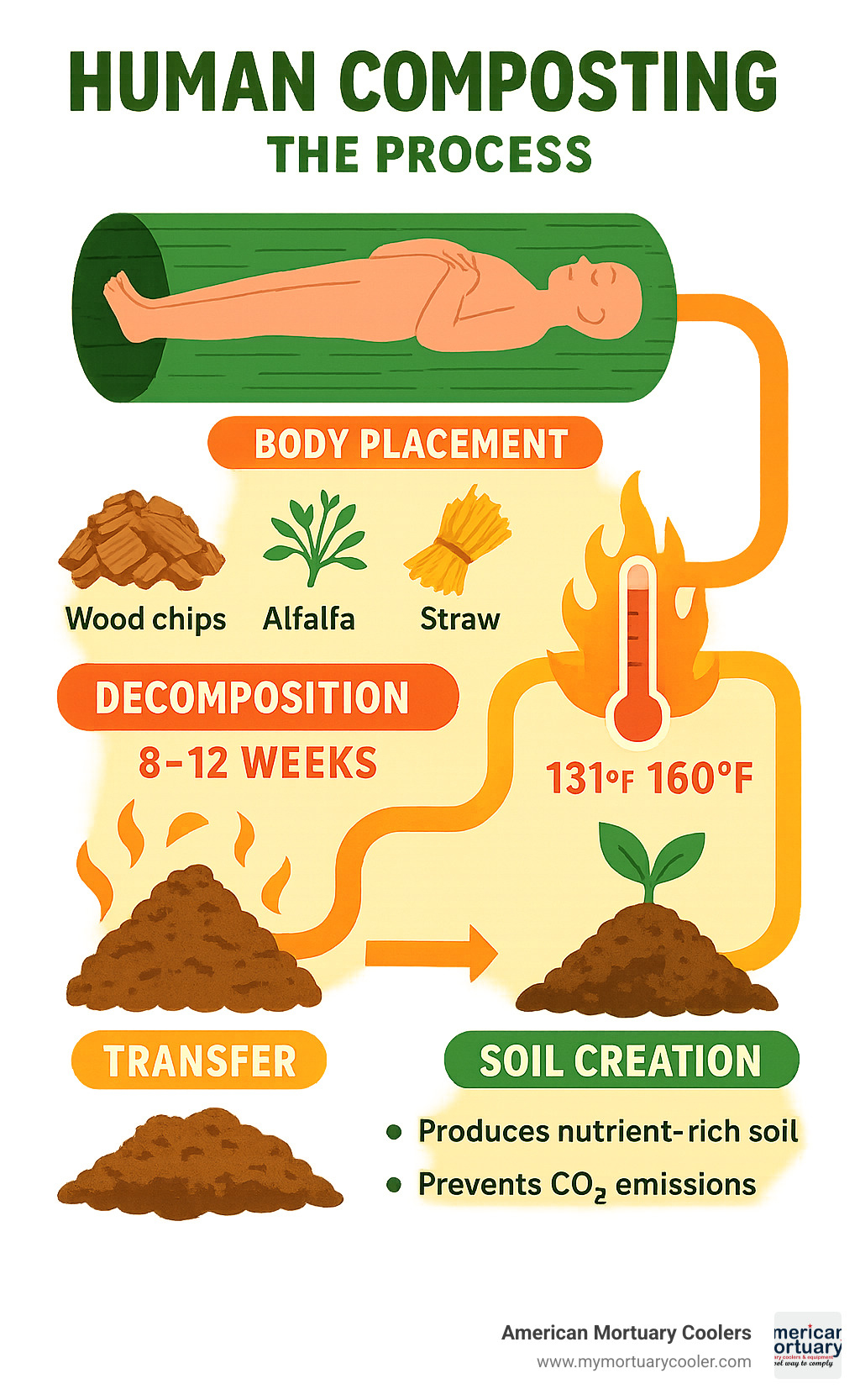 Detailed infographic showing the human composting process from body placement through soil creation, including temperature requirements, timeline phases, materials used, and final soil output with environmental benefits - can human bodies be composted infographic 
