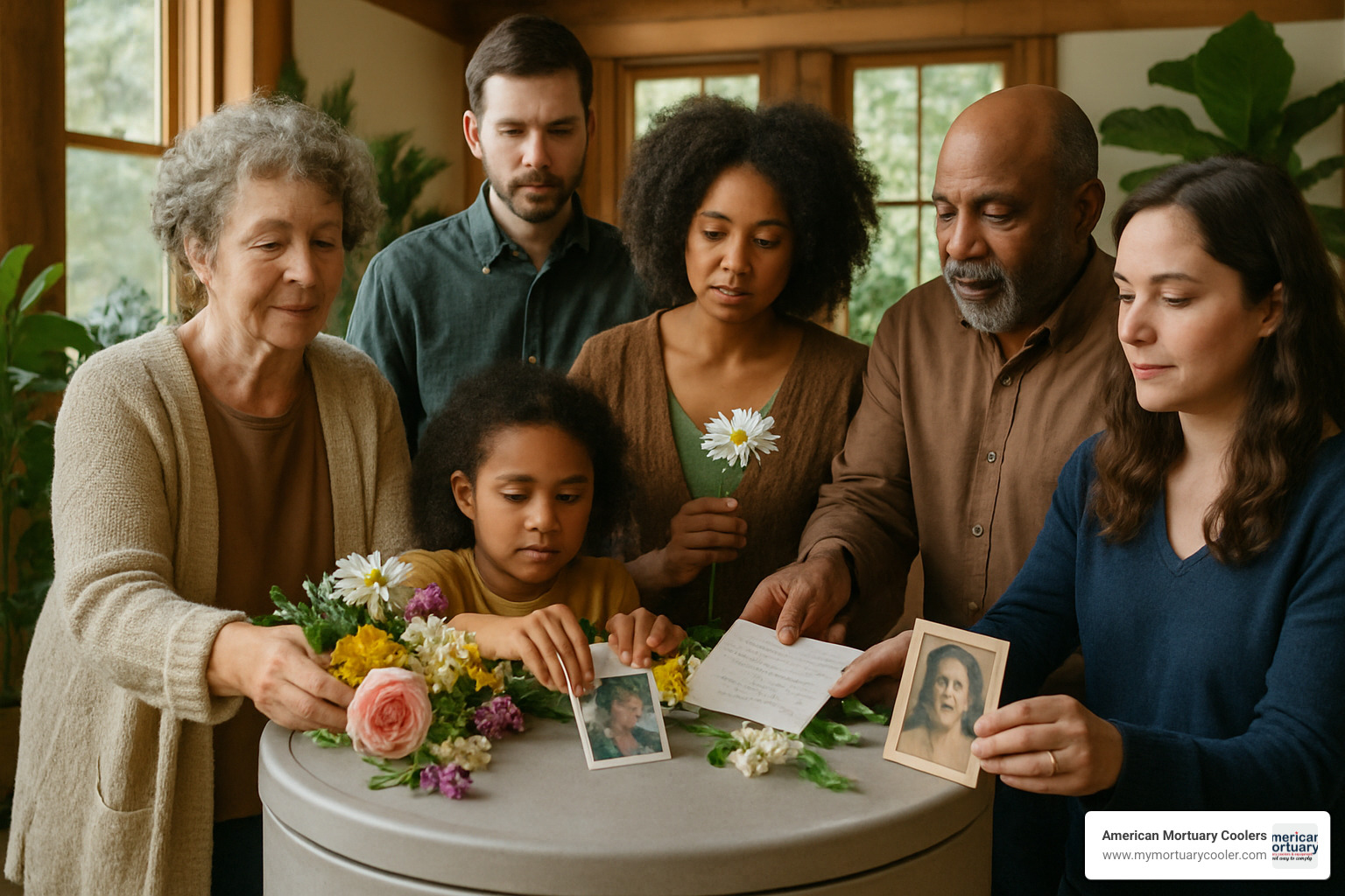 Laying-in ceremony showing family members placing flowers and personal items around a composting vessel - can human bodies be composted