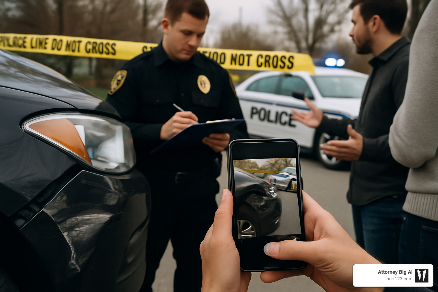Evidence collection at accident scene including photos, witness statements, and police reports - sunrise personal injury lawyer