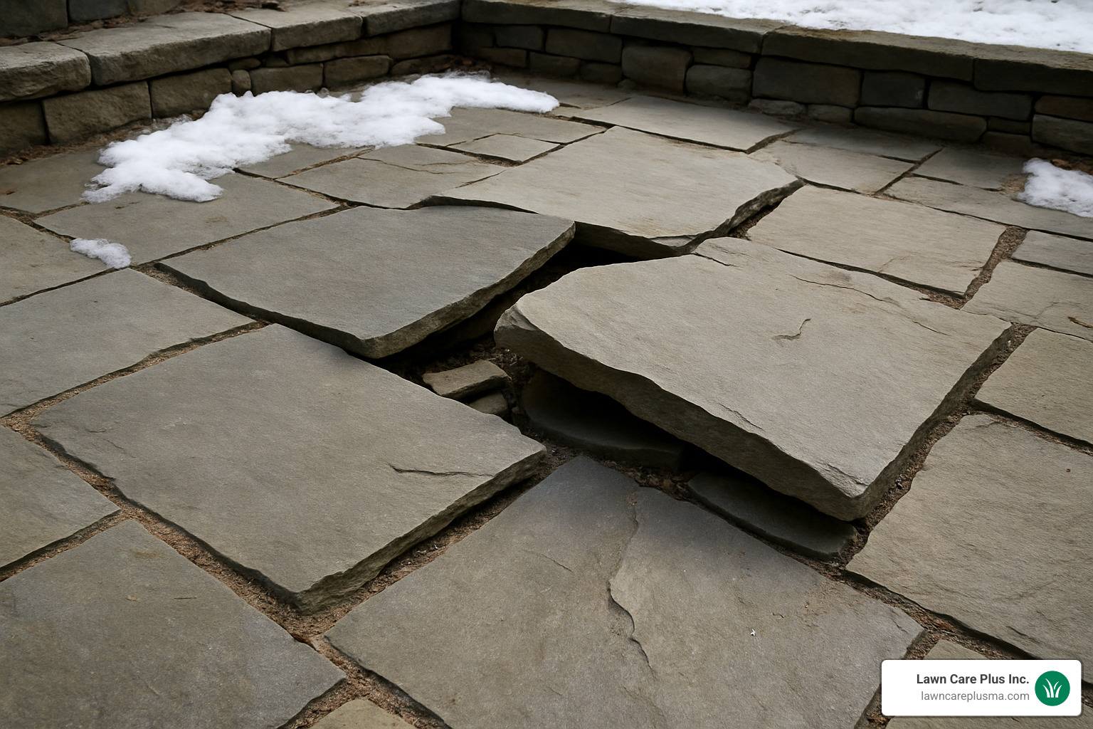 frost heave damage to flagstone patio showing displaced stones - how to install flagstone patio