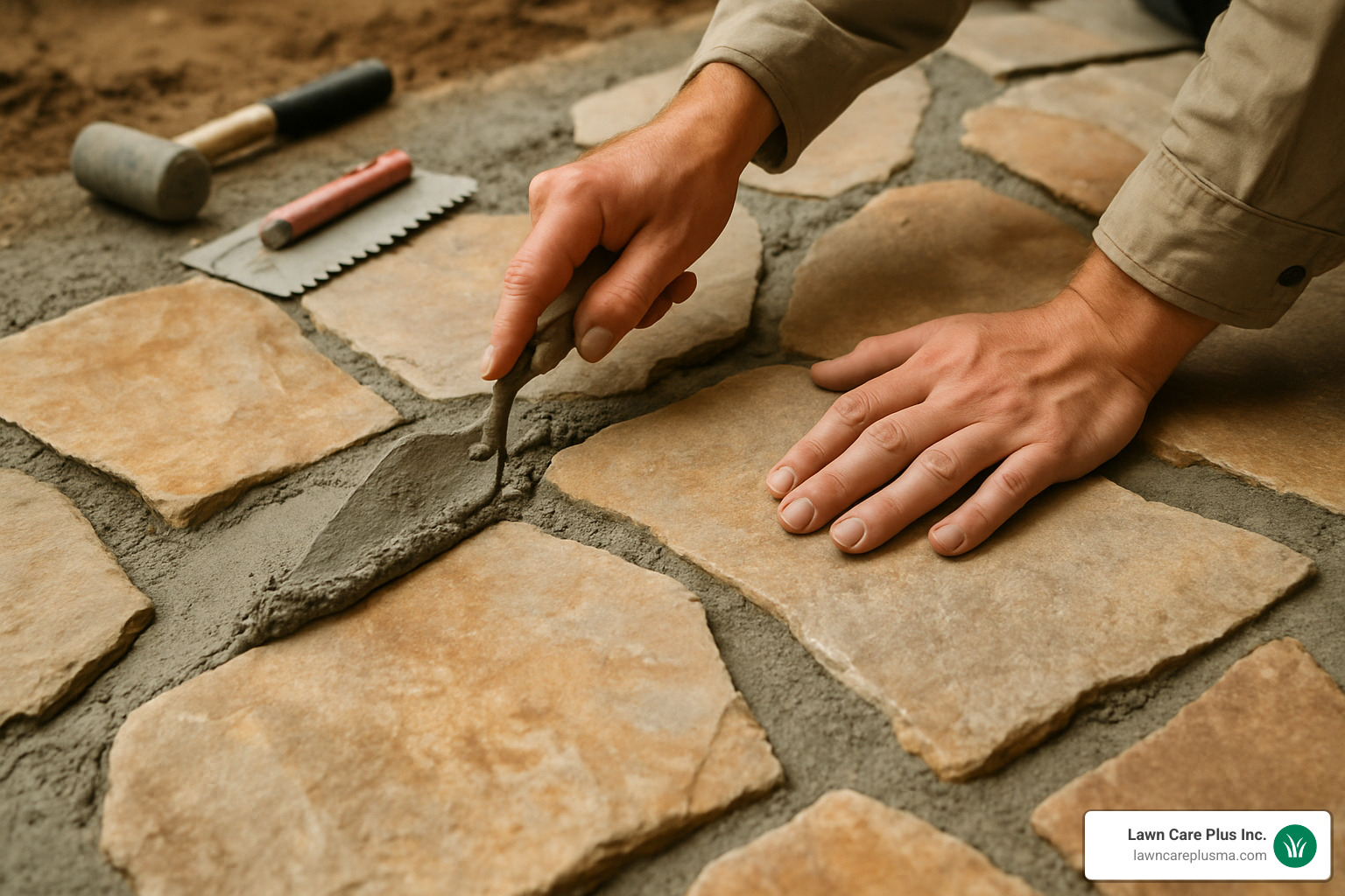 mortared flagstone patio under construction showing mortar application - how to install flagstone patio