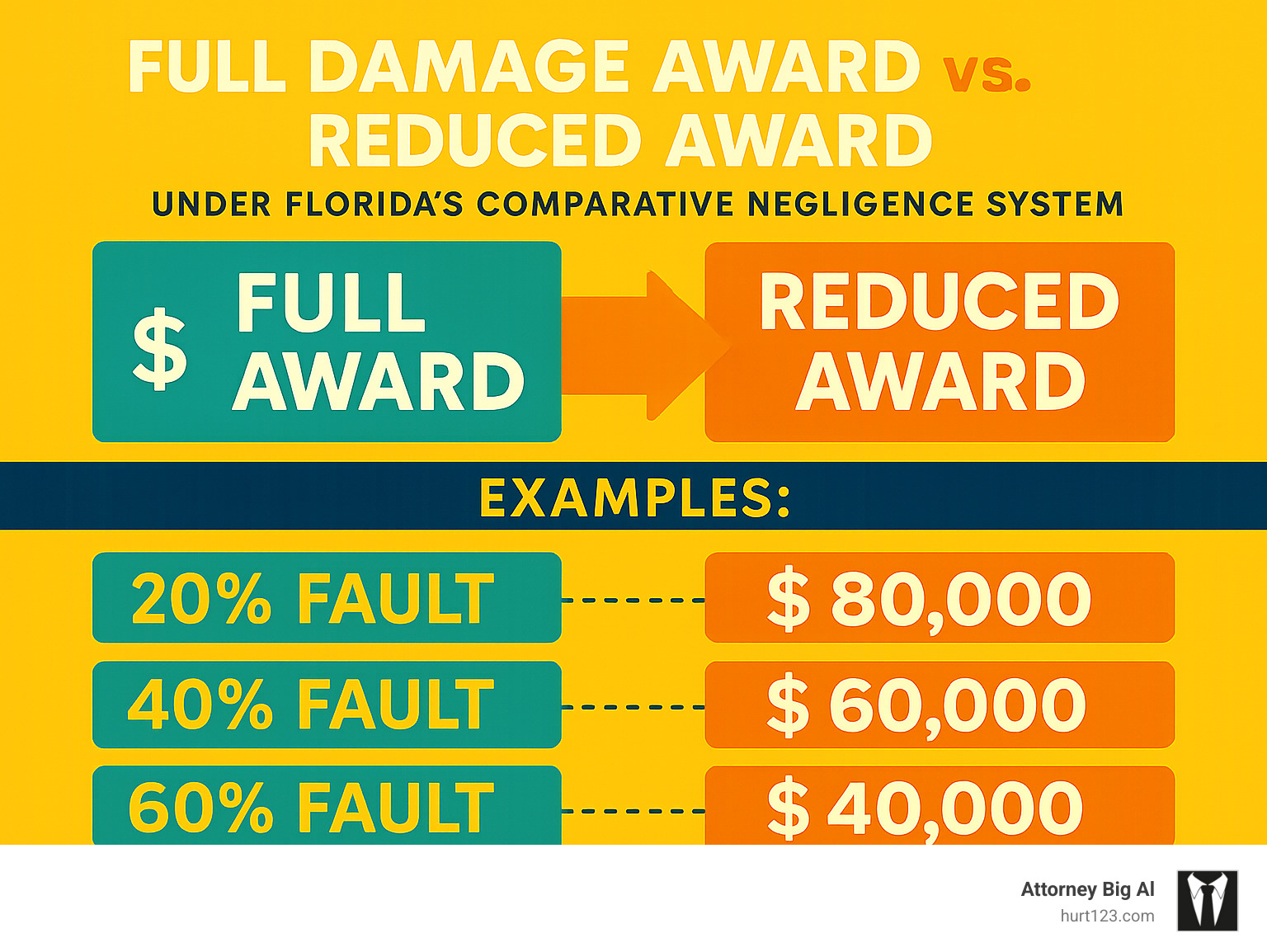 Infographic comparing full damage awards versus reduced awards under Florida's comparative negligence system, showing examples with different fault percentages - sunrise personal injury lawyer infographic 