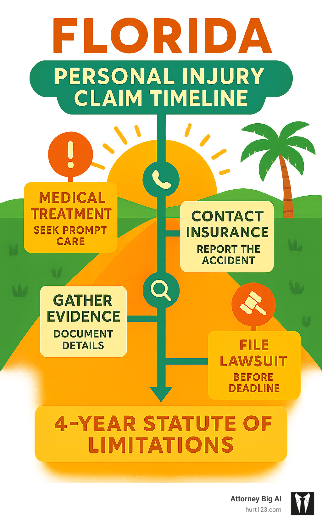 Infographic showing Florida personal injury claim timeline from accident date through 4-year statute of limitations, including key milestones for medical treatment, insurance contact, evidence gathering, and legal filing deadlines - sunrise personal injury lawyer infographic 