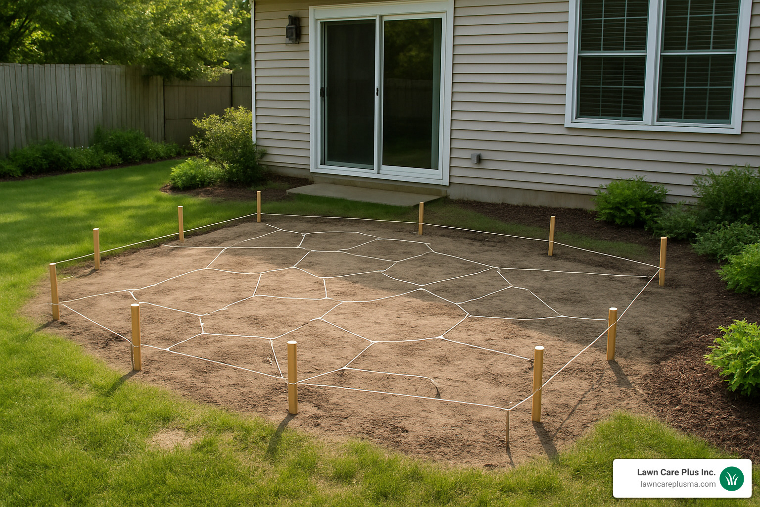 patio layout marked with stakes and string lines - how to install flagstone patio