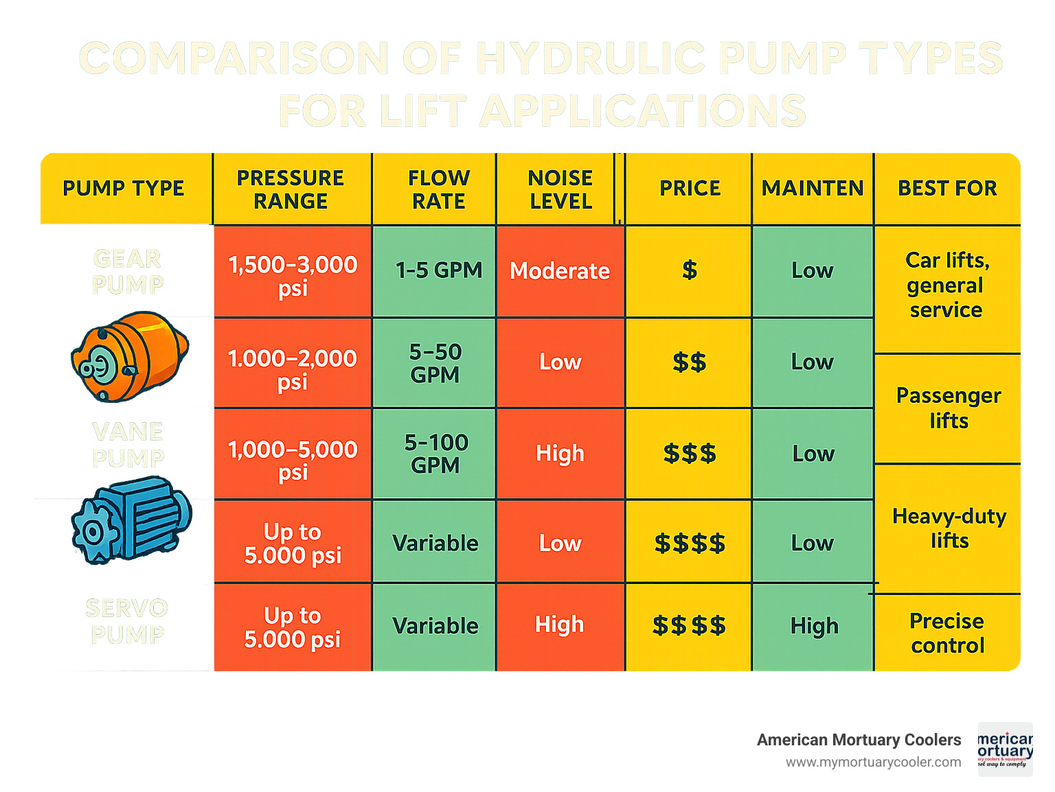 Comparison table of hydraulic pump types for lift applications - hydraulic pump for lift infographic 