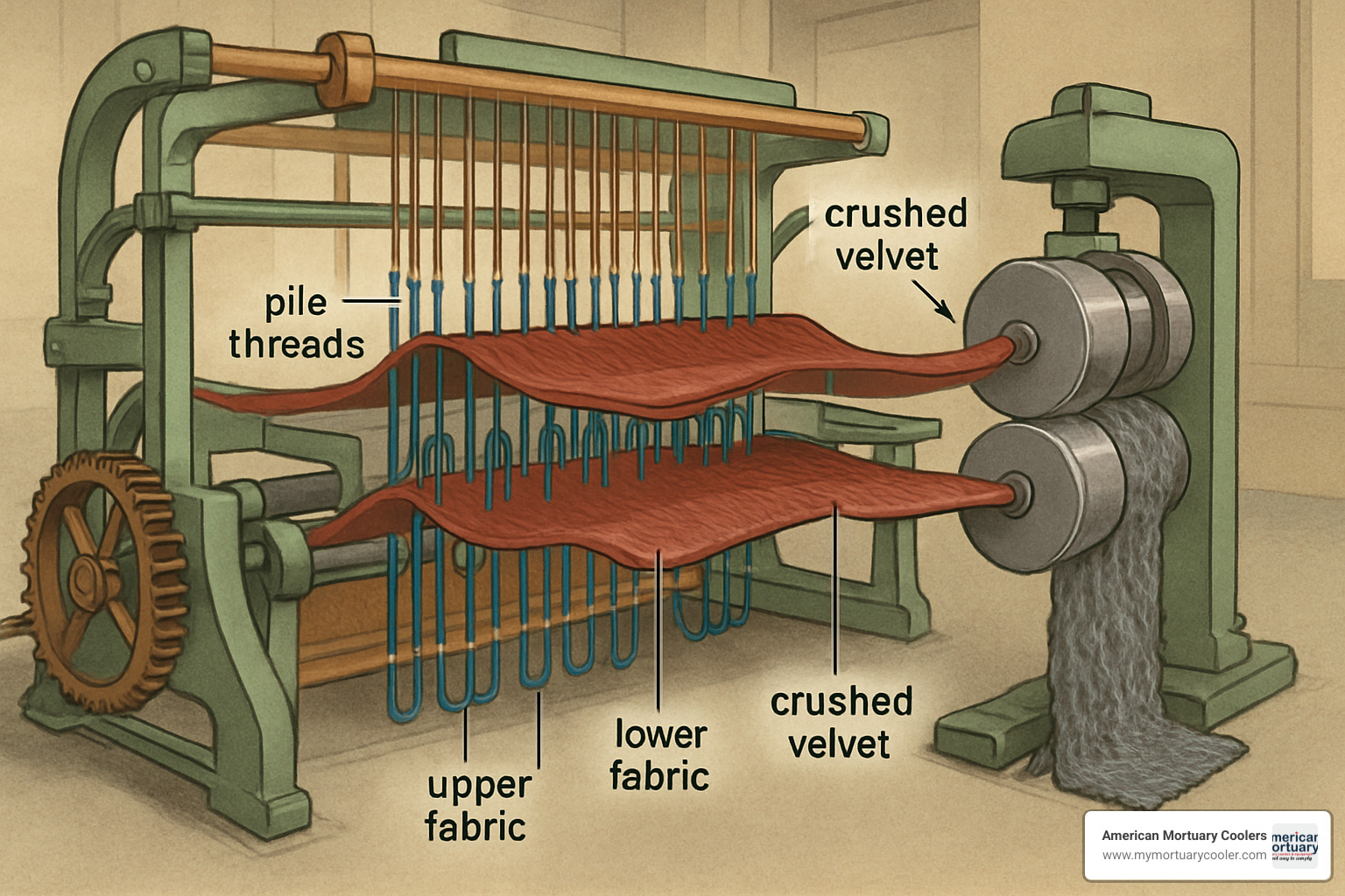 detailed cross-section of velvet loom showing pile formation and crushing process - black crushed velvet