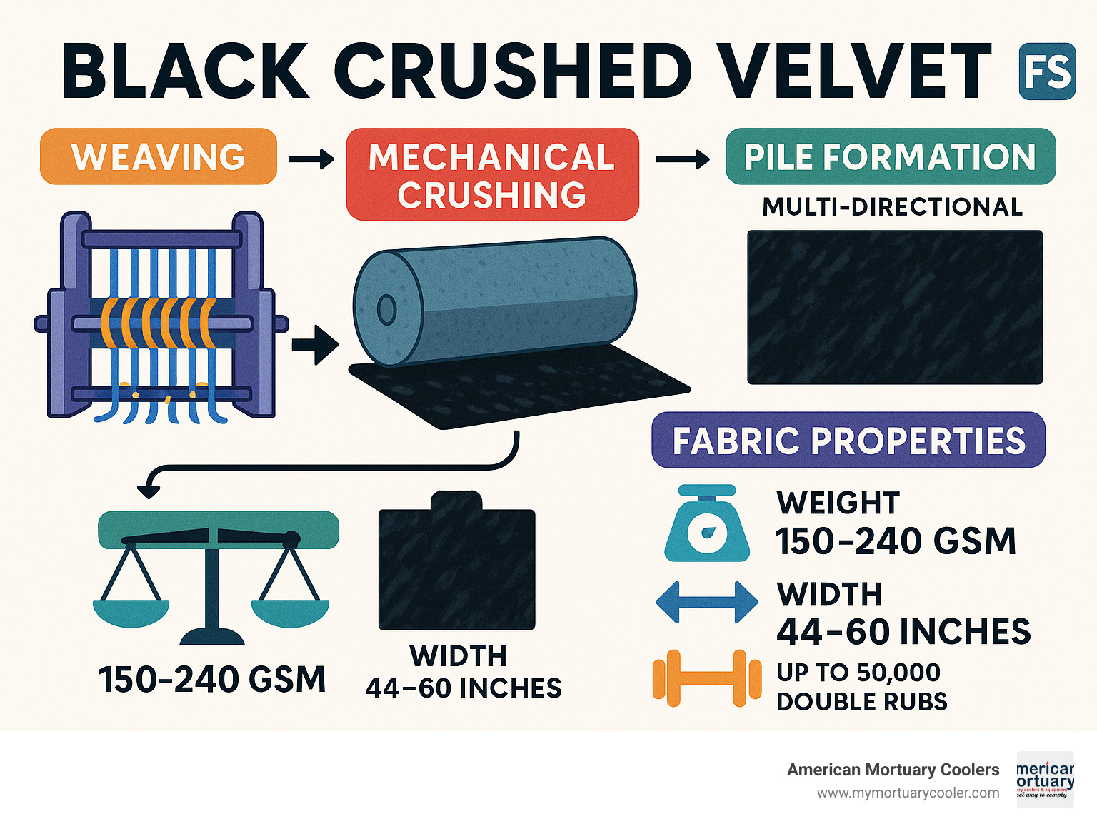 Detailed infographic showing black crushed velvet manufacturing process from double-cloth loom weaving through mechanical crushing, pile formation, and final fabric properties including weight, width, and durability specifications - black crushed velvet infographic 