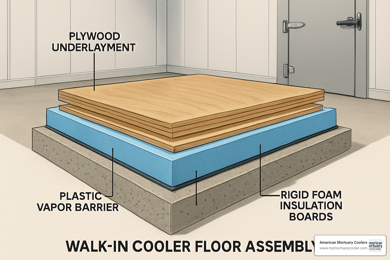 layered floor assembly showing vapor barrier, insulation, and plywood layers - walk in cooler floor replacement