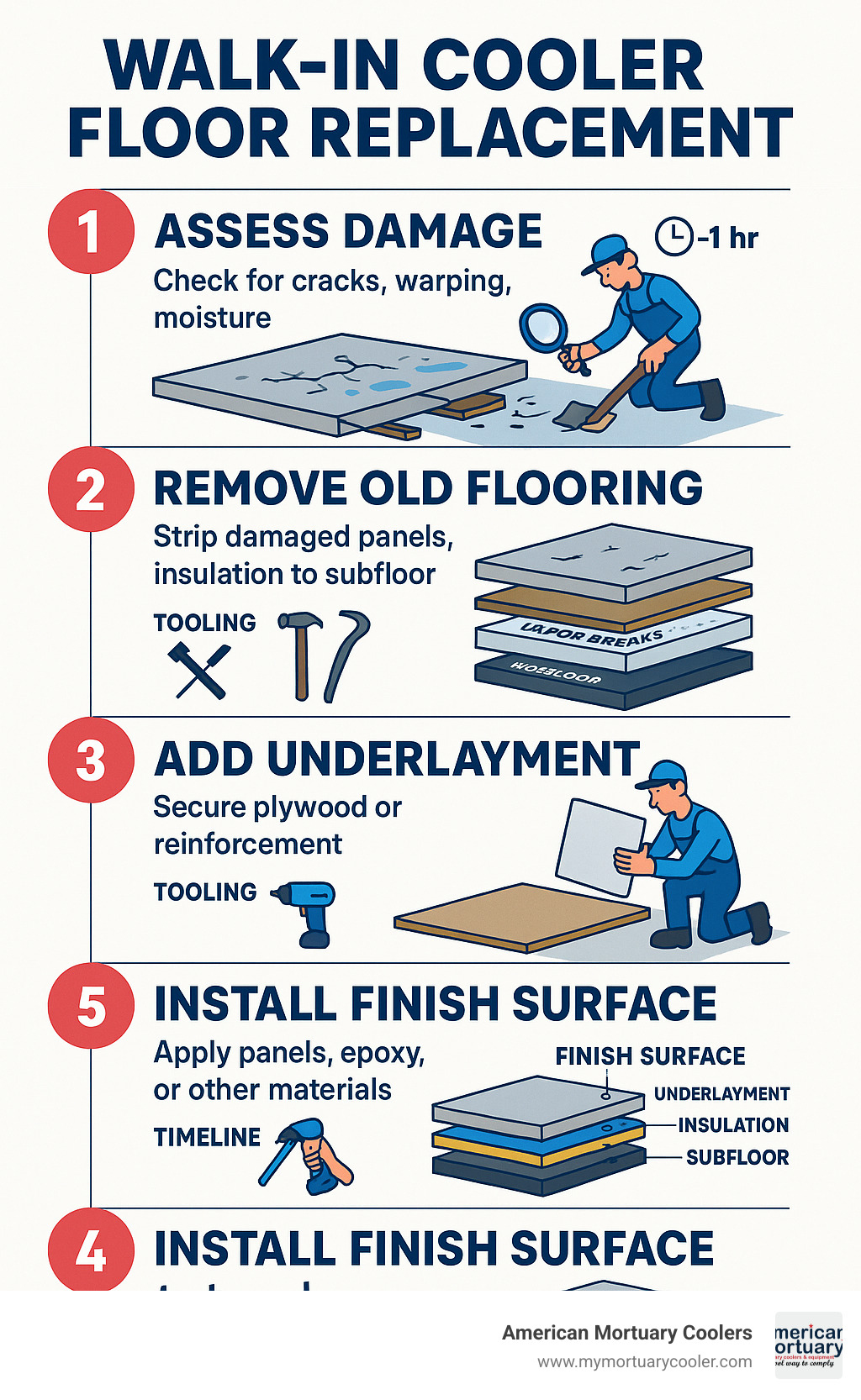 Detailed infographic showing the 5-step walk-in cooler floor replacement process from initial assessment through final commissioning, including material layers, tool requirements, and timeline estimates - walk in cooler floor replacement infographic 