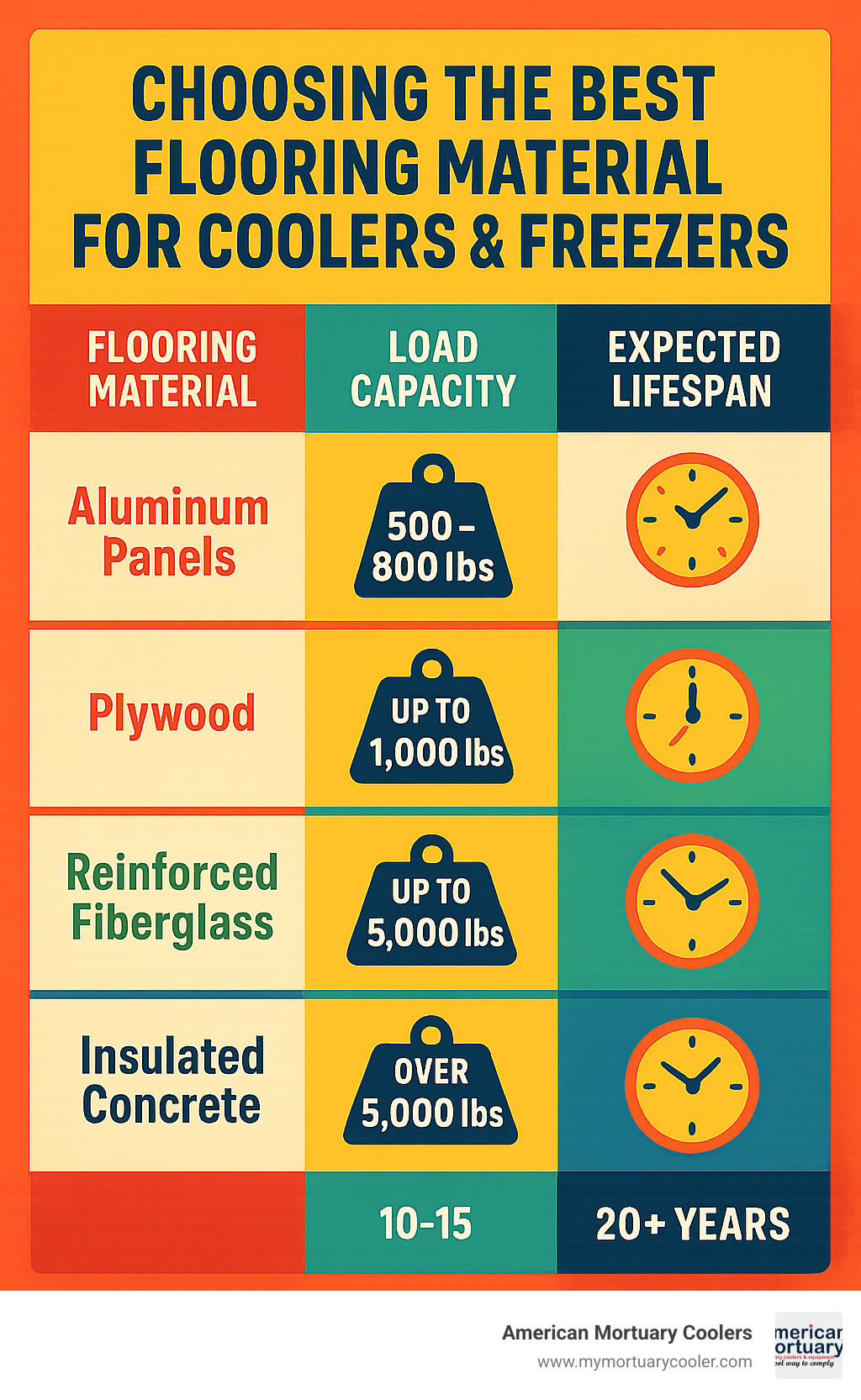 comparison table showing different flooring materials, their load capacities, and expected lifespans - walk in cooler floor replacement infographic 