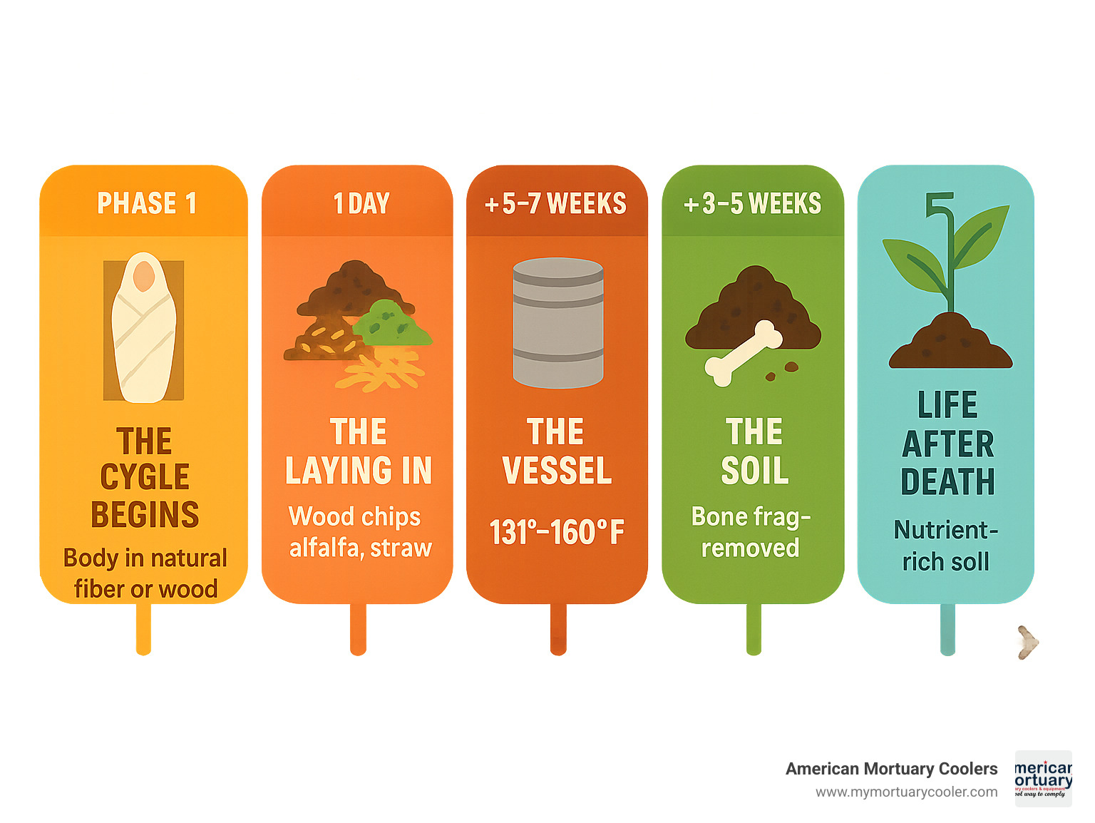 Comprehensive infographic showing all five phases of human composting with timeline, temperature requirements, and material changes - can human bodies be composted infographic 