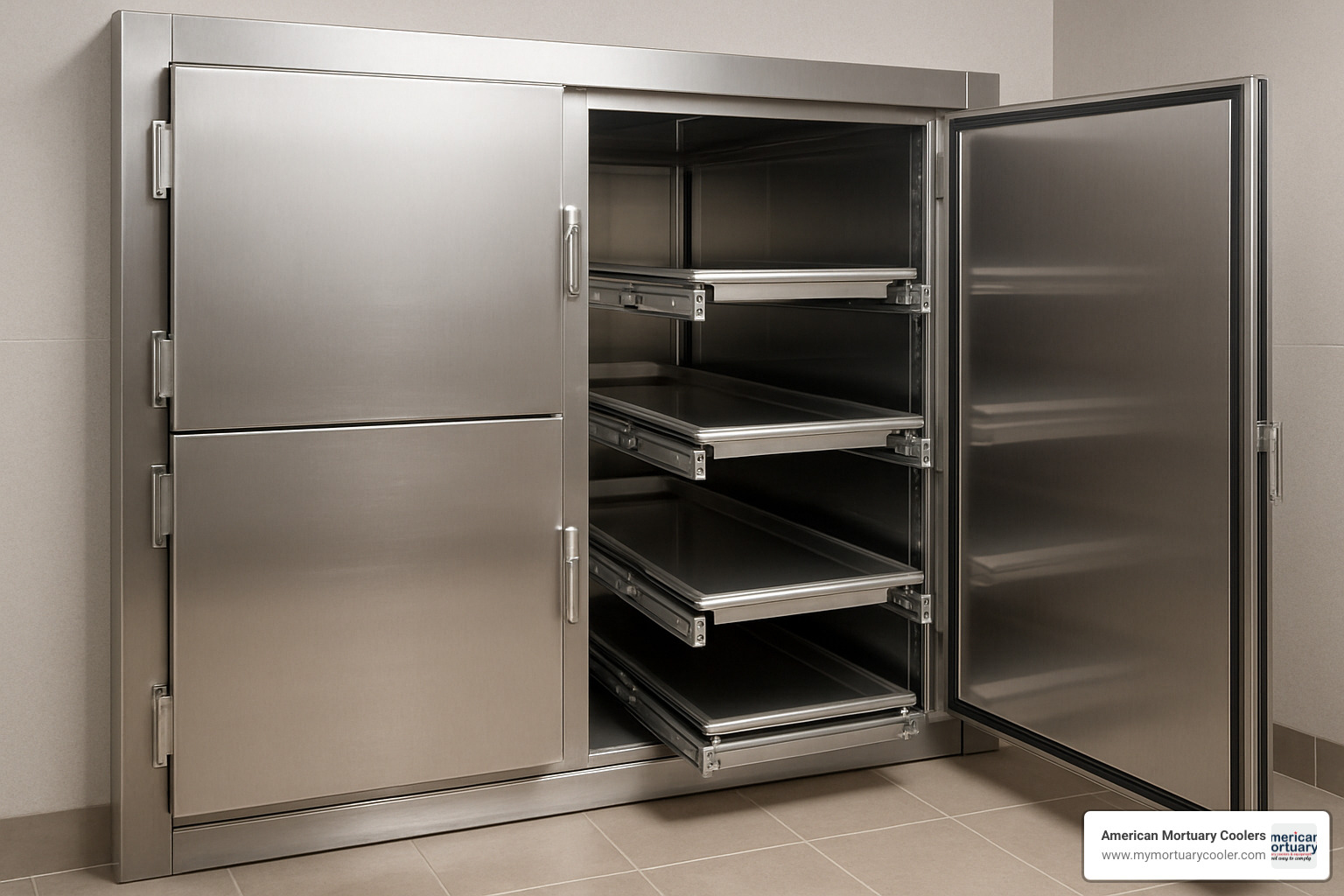 mortuary cooler with telescoping slide rails showing interior shelving system - funeral home cooler lease