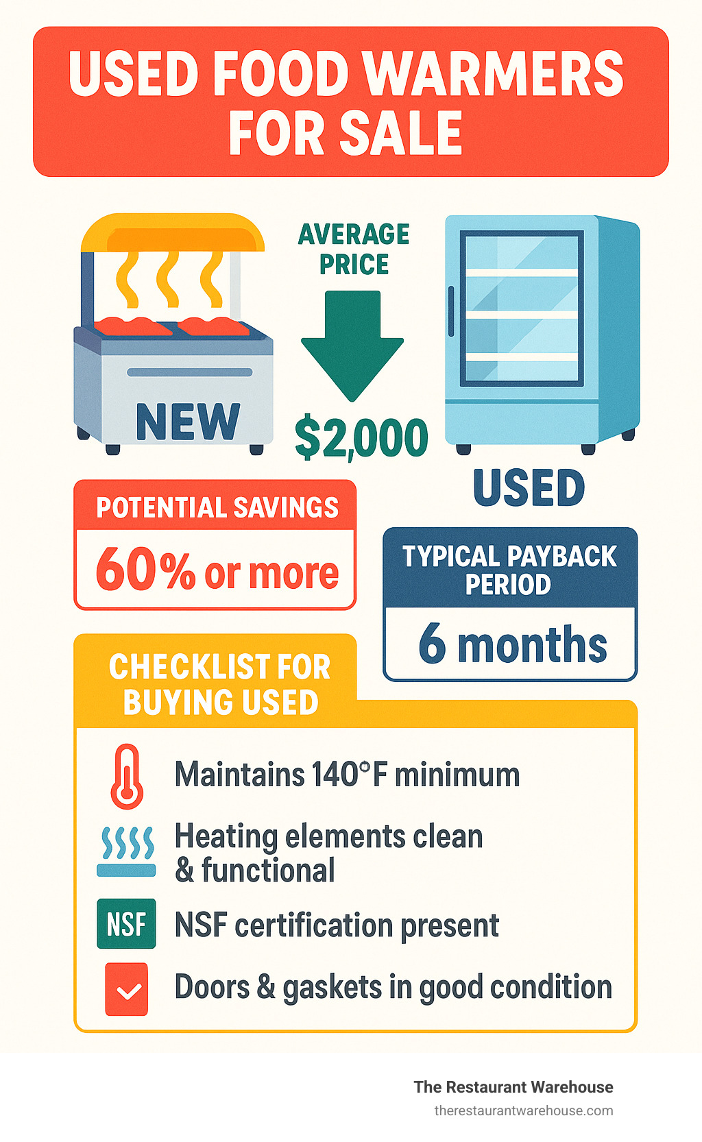 Infographic showing cost comparison between new and used food warmers, including average price ranges, potential savings percentages, typical payback periods, and key inspection checklist items for buying used commercial food warming equipment - used food warmers for sale infographic 