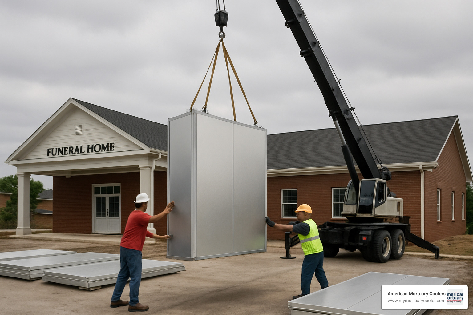 crane unloading modular mortuary cooler panels for installation - funeral home cooler lease