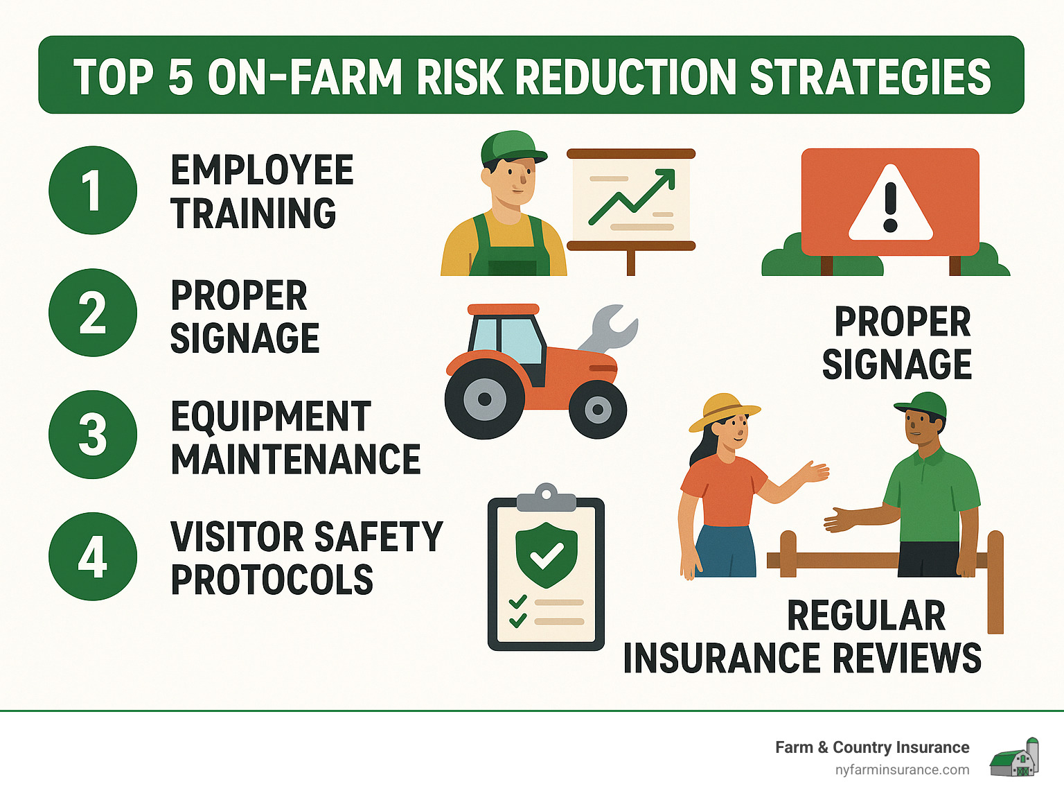 4fe2470f92f95e1e730b2ada8f06ffce369d6096 Don't Get Caught in the Weeds—Best Farm Liability Insurance Companies Reviewed Compare top farm liability insurance companies, uncover coverage gaps, and find the best protection for your farm operations today. Infographic showing the top 5 on-farm risk reduction strategies: employee training, proper signage, equipment maintenance, visitor safety protocols, and regular insurance reviews - farm liability insurance companies infographic
