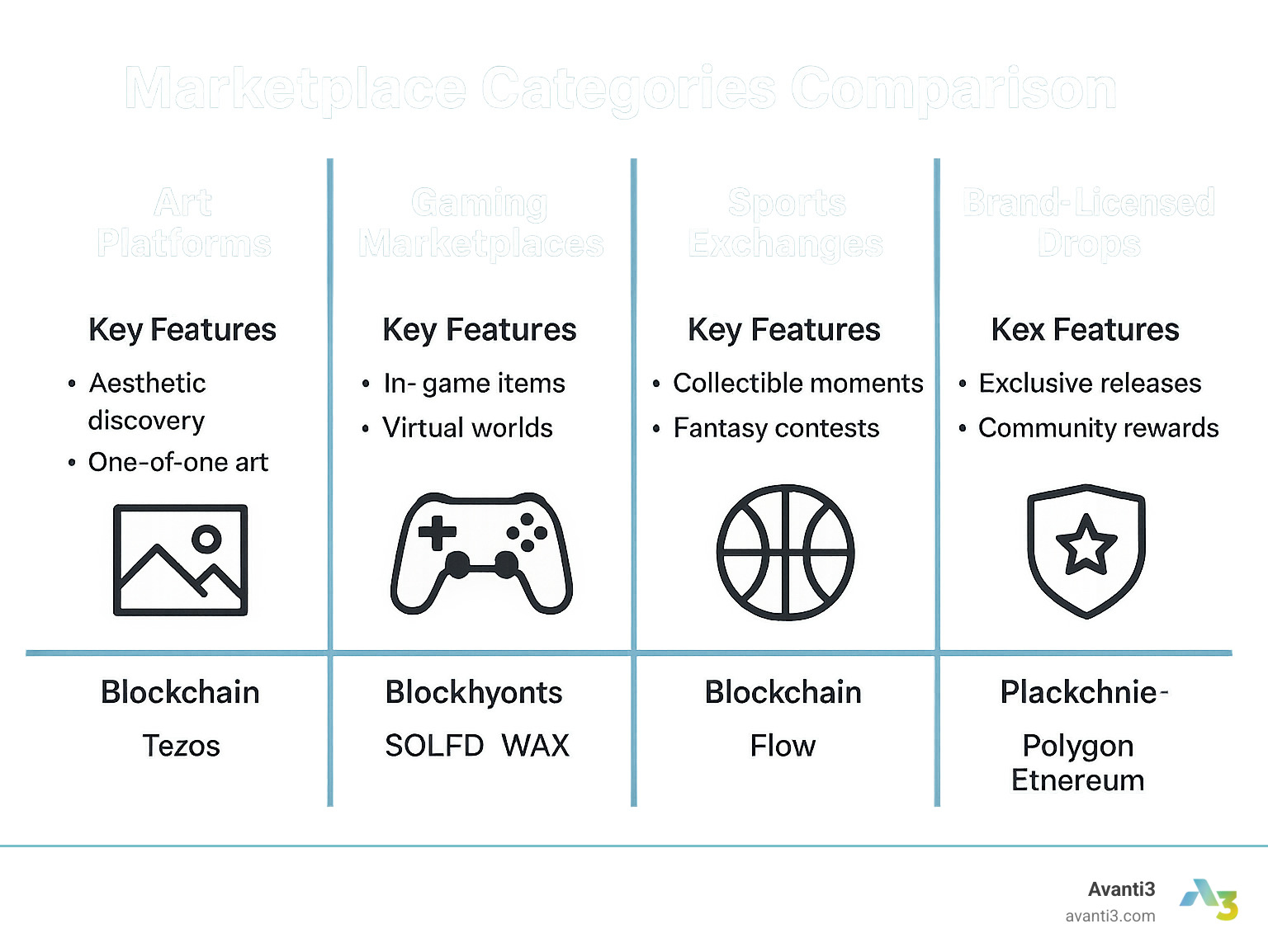 Marketplace categories comparison showing art platforms, gaming marketplaces, sports exchanges, and brand-licensed drops with their key features and blockchain networks - Digital Collectibles Marketplace infographic 