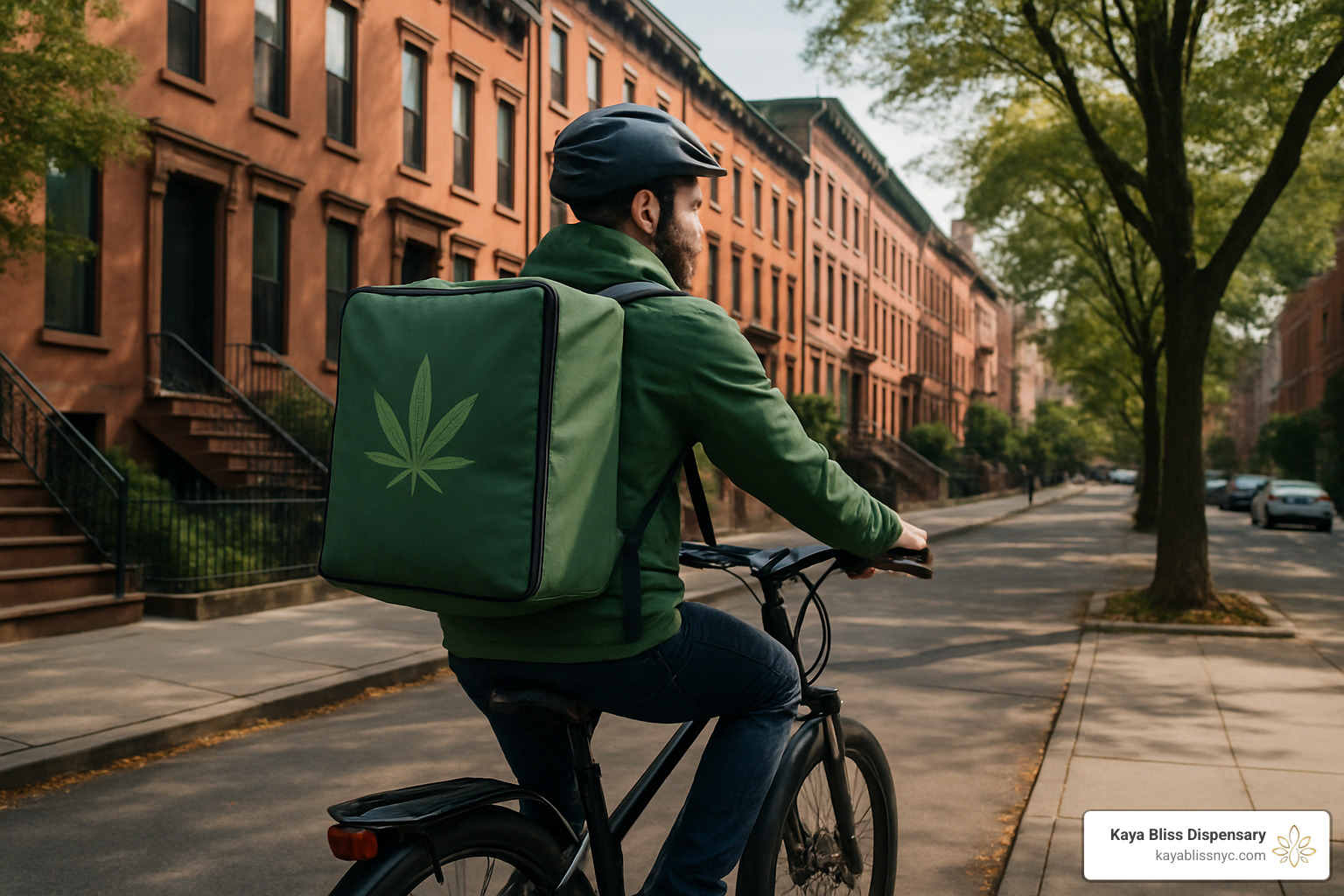 E-bike delivery courier in Williamsburg representing eco-friendly Brooklyn cannabis delivery - brooklyn weed delivery service