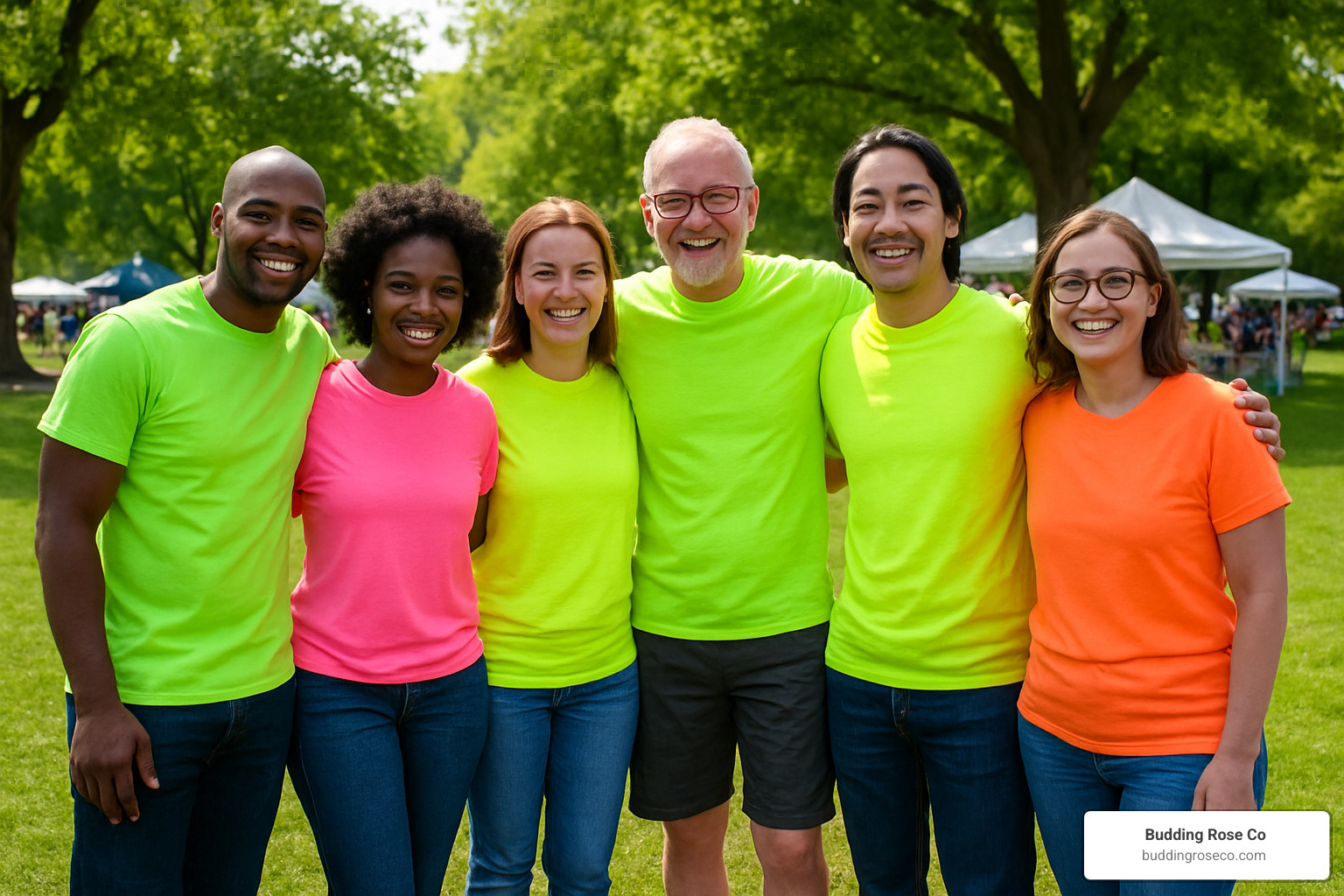 group of people wearing matching bright neon t-shirts at an outdoor event - bright color t shirts