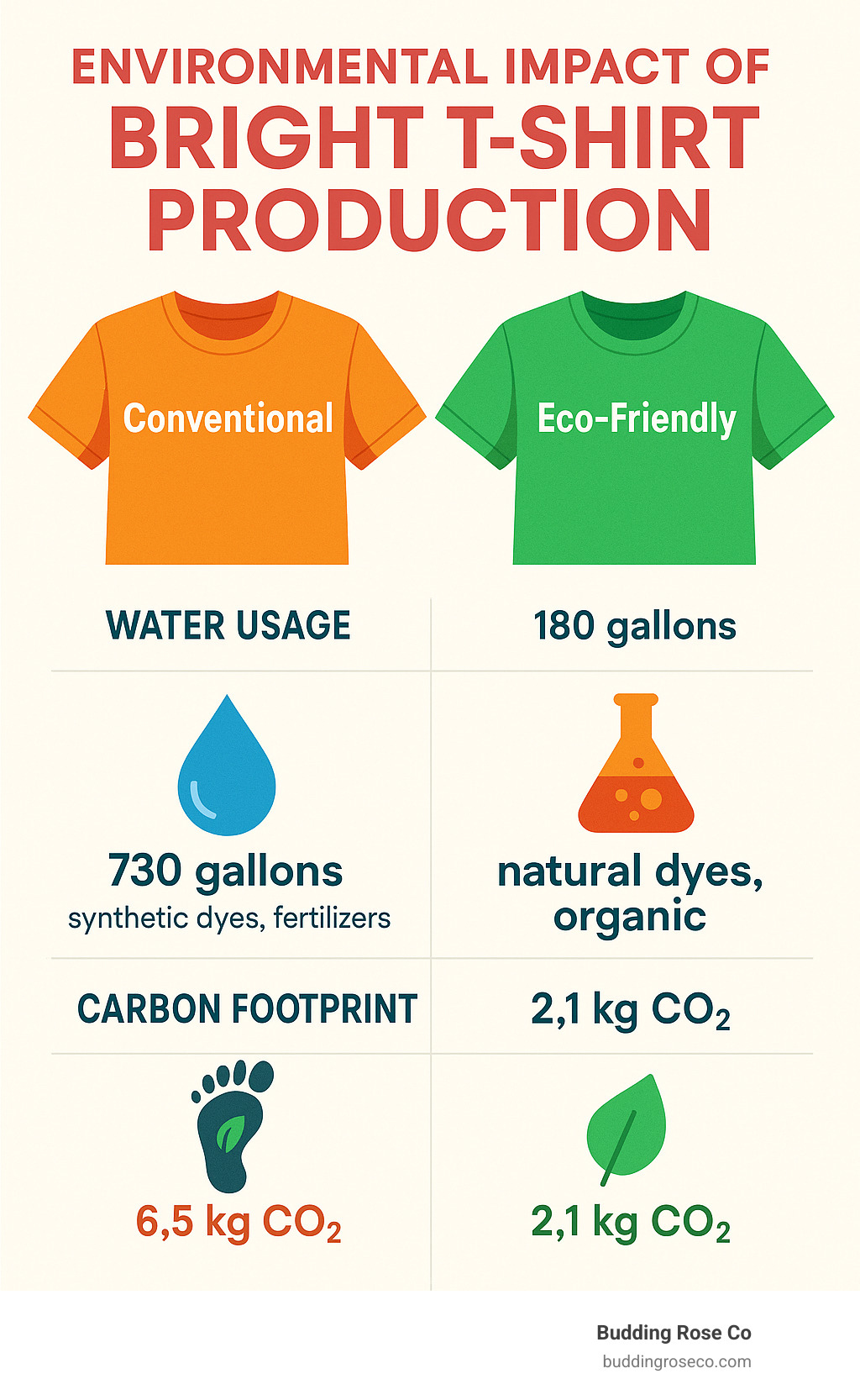 Infographic comparing environmental impact of conventional vs eco-friendly bright t-shirt production, showing water usage, chemical inputs, and carbon footprint metrics - bright color t shirts infographic 