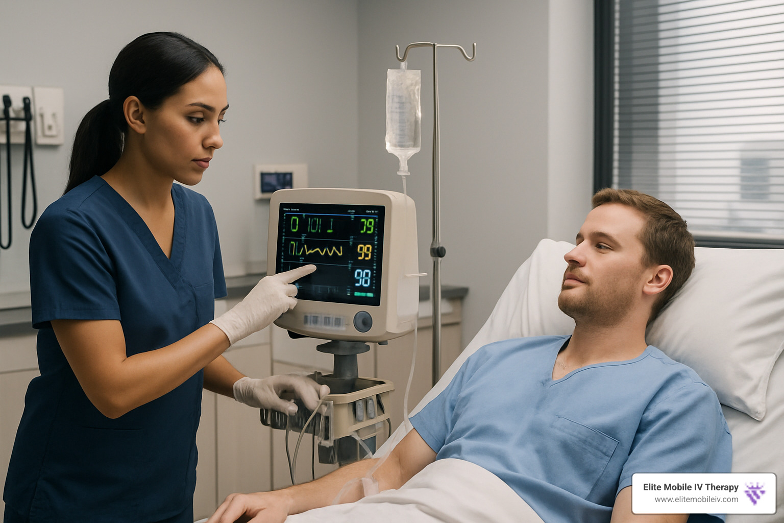 nurse monitoring patient vitals during IV therapy - iv vitamins myers cocktail