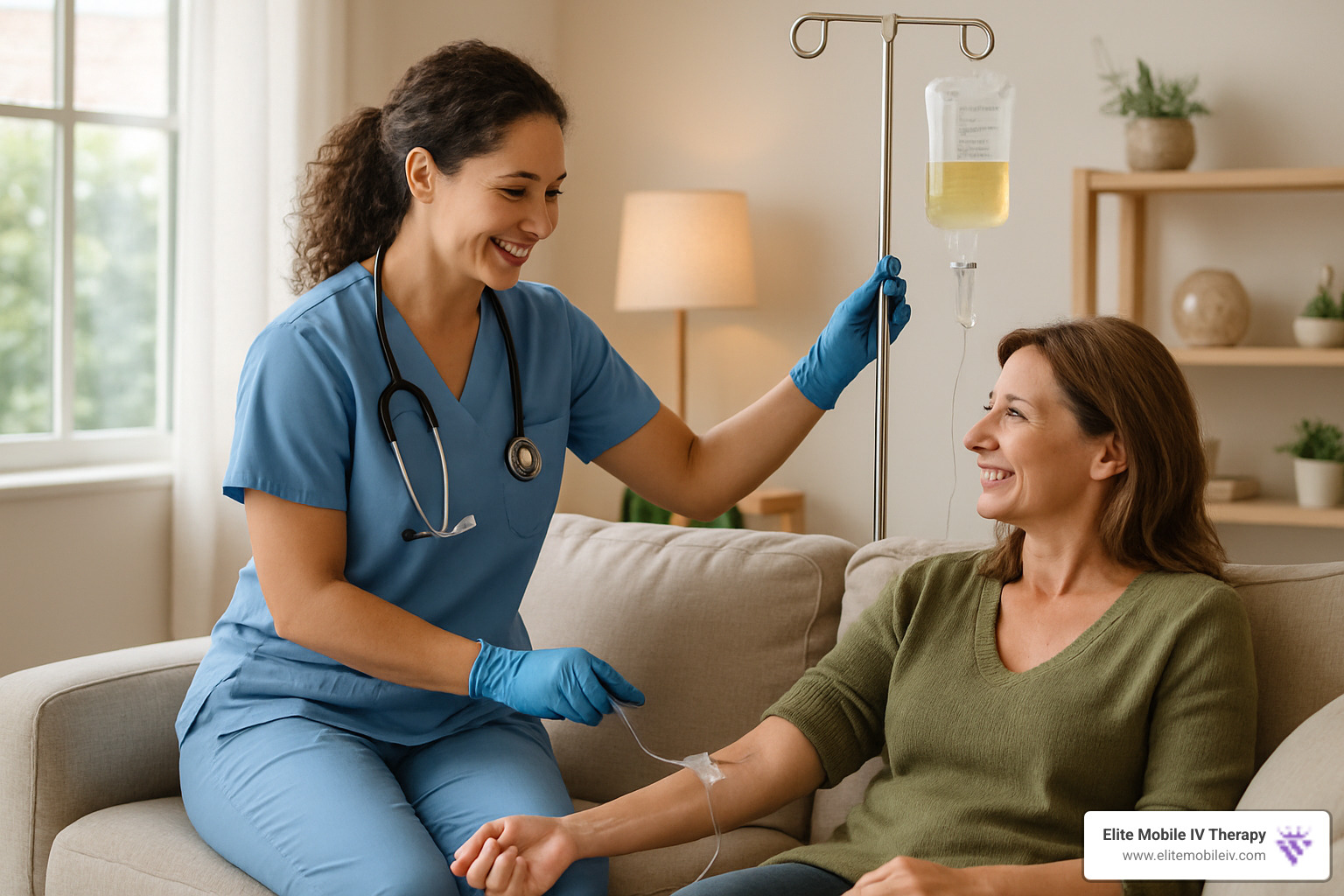 home-visit IV setup with nurse and comfortable patient environment - iv vitamins myers cocktail