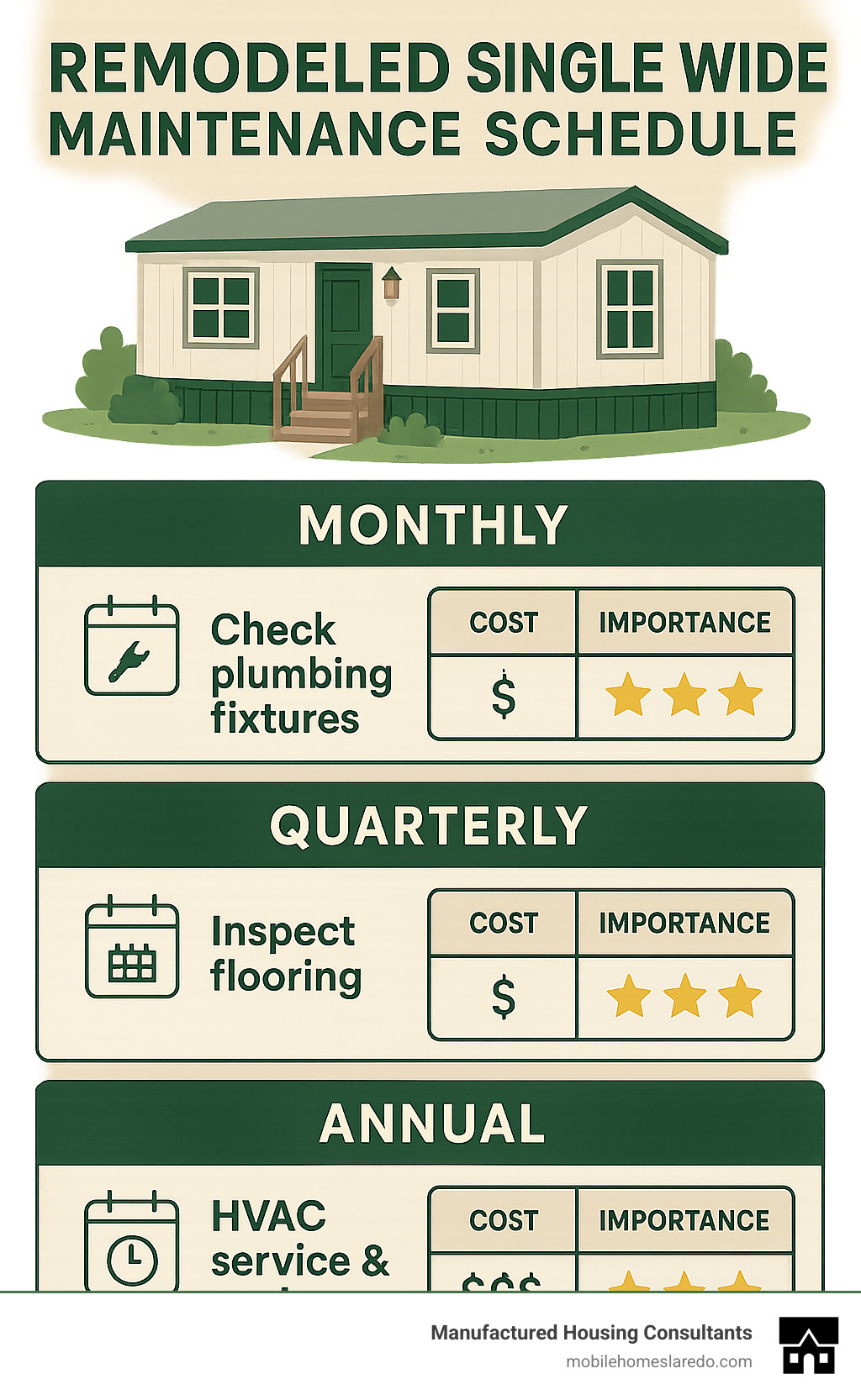 Comprehensive infographic displaying maintenance schedule for remodeled single wide homes, showing monthly, quarterly, and annual tasks with cost estimates and importance ratings - remodeled single wide infographic  Comprehensive infographic displaying maintenance schedule for remodeled single wide homes, showing monthly, quarterly, and annual tasks with cost estimates and importance ratings - remodeled single wide infographic